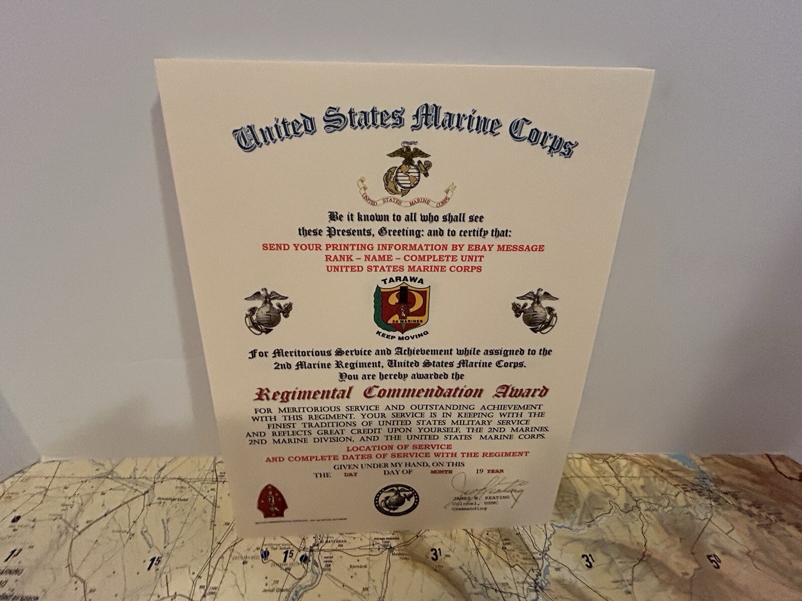 U.S.M.C. / 2ND MARINE REGIMENT - REGIMENTAL COMMENDATION AWARD CERTIFICATE