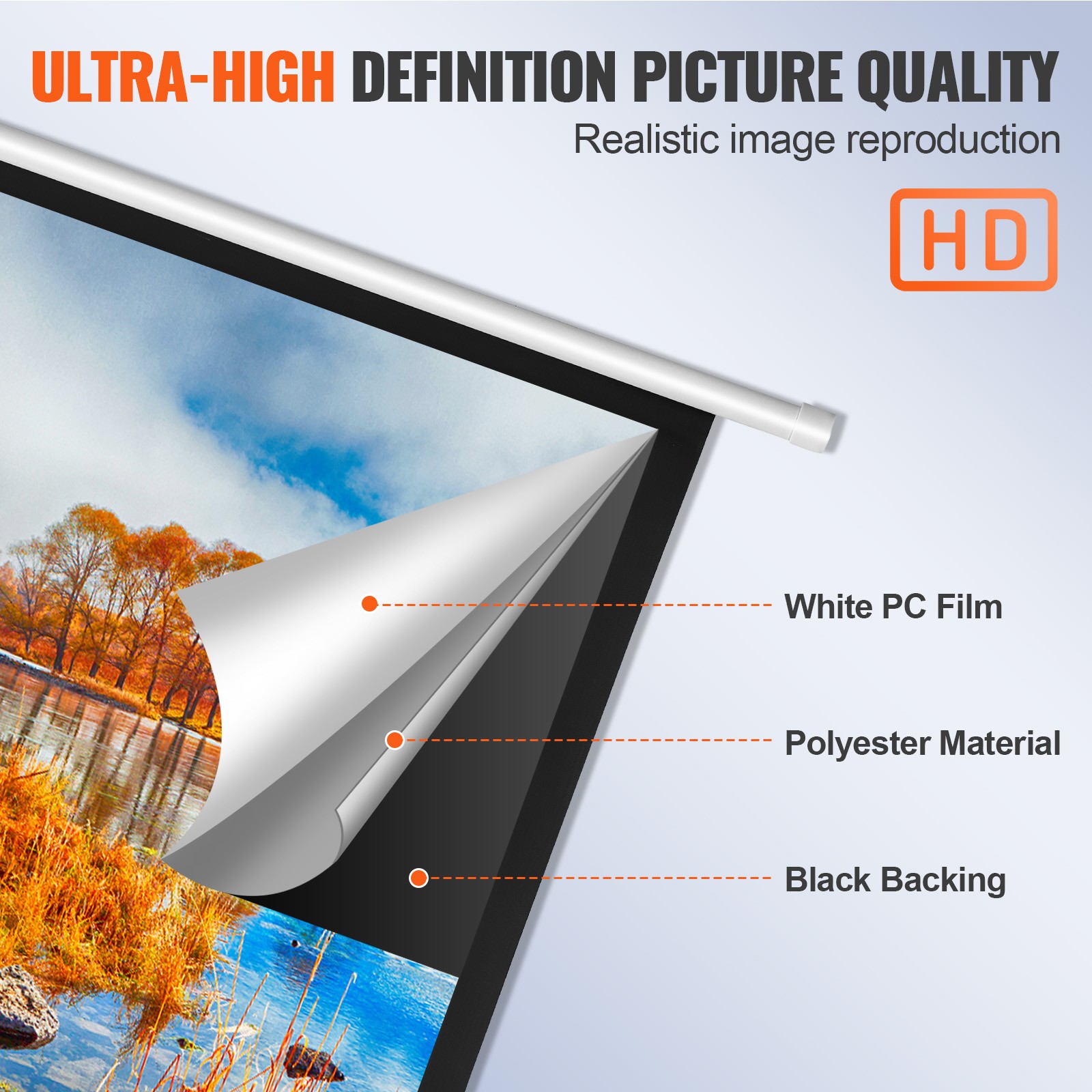 VEVOR Manual Pull Down Projector Screen 100 inch 16:9 4K 1080 HD Retractable