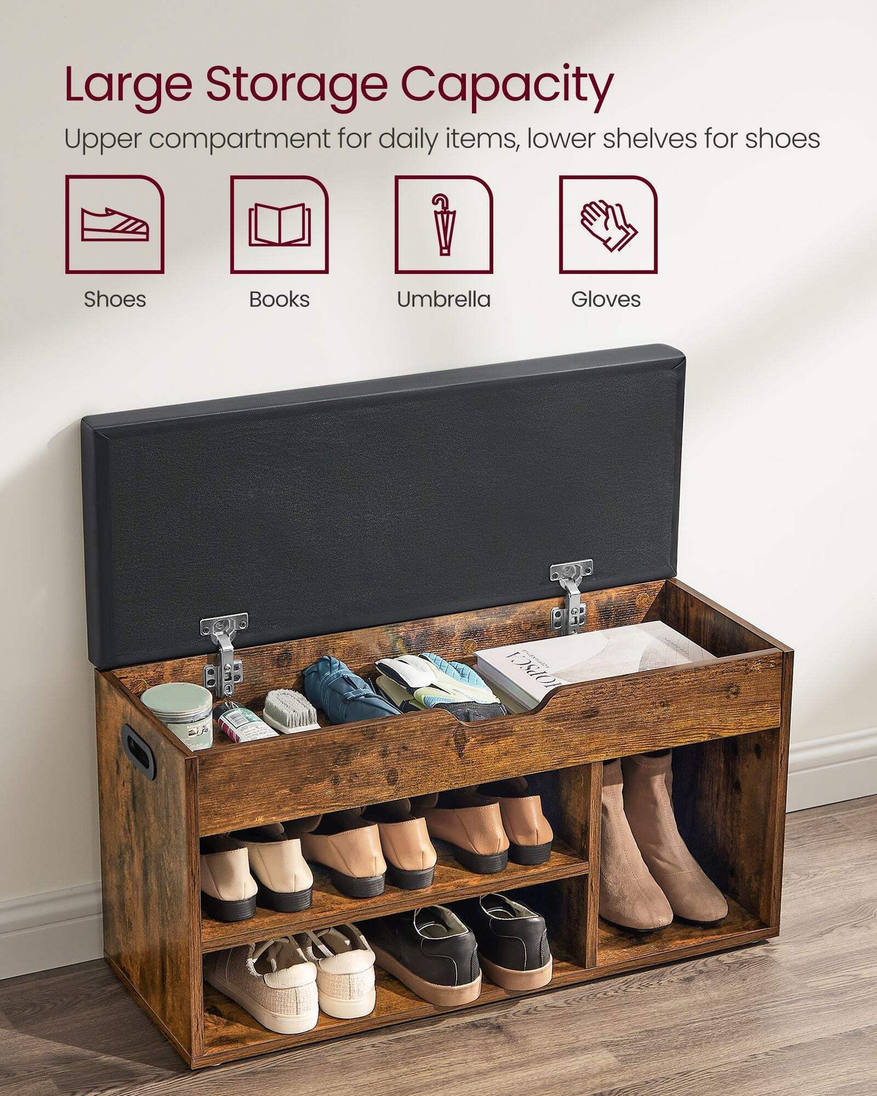 Storage Bench with Cushion, Padded Seat, 3 Compartments