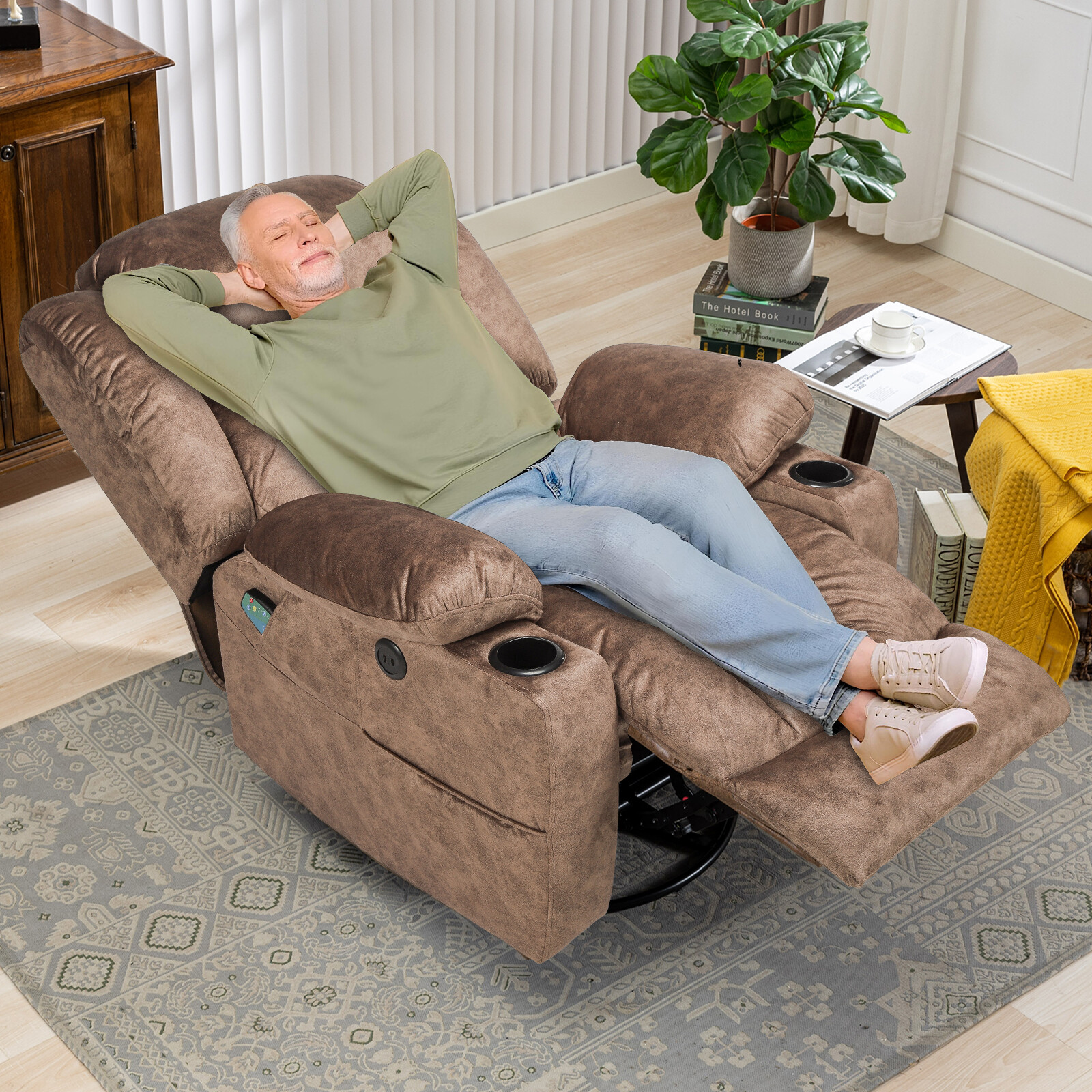 Elderly Swivel Rocker Recliner Chair with Massage & Vibration Heated Sofa Lounge