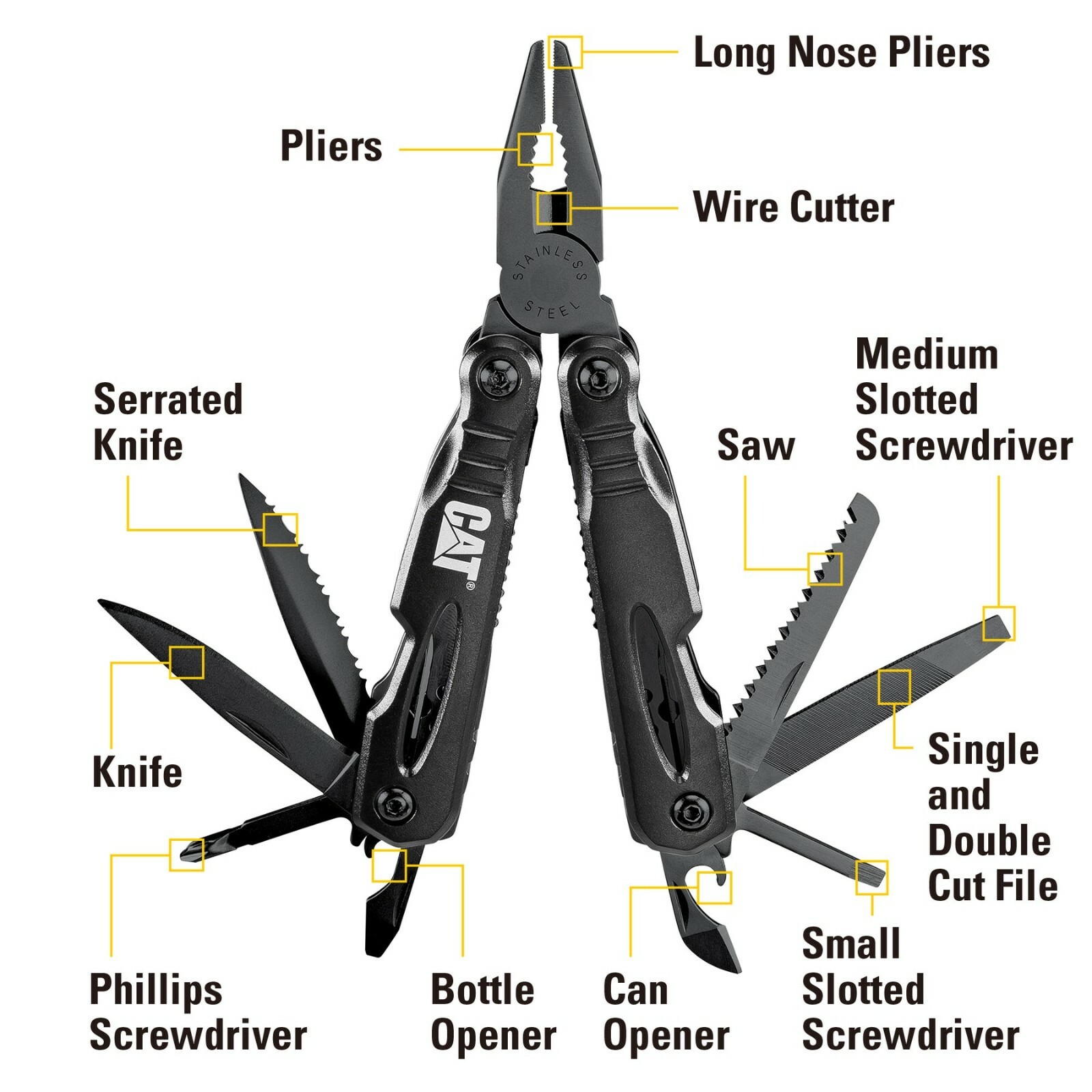 Caterpillar Multi-Function Tool 13-In-1 Black Aluminum Handle Stainless Tools