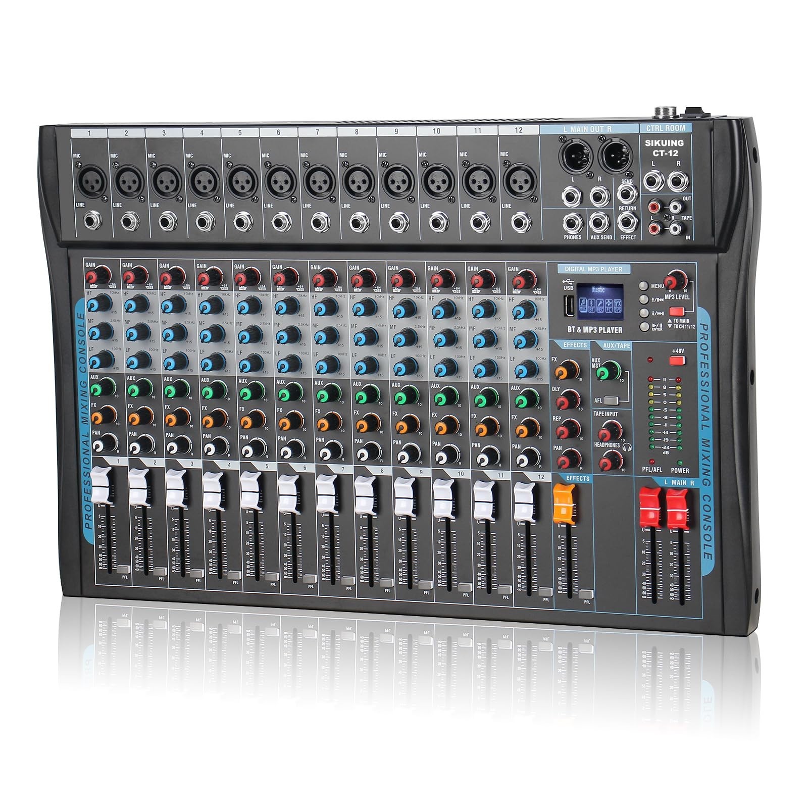 12 Channel Audio Interfacer Sound Board Mixer DJ Mixer 16-Bit DSP Effect USB ...