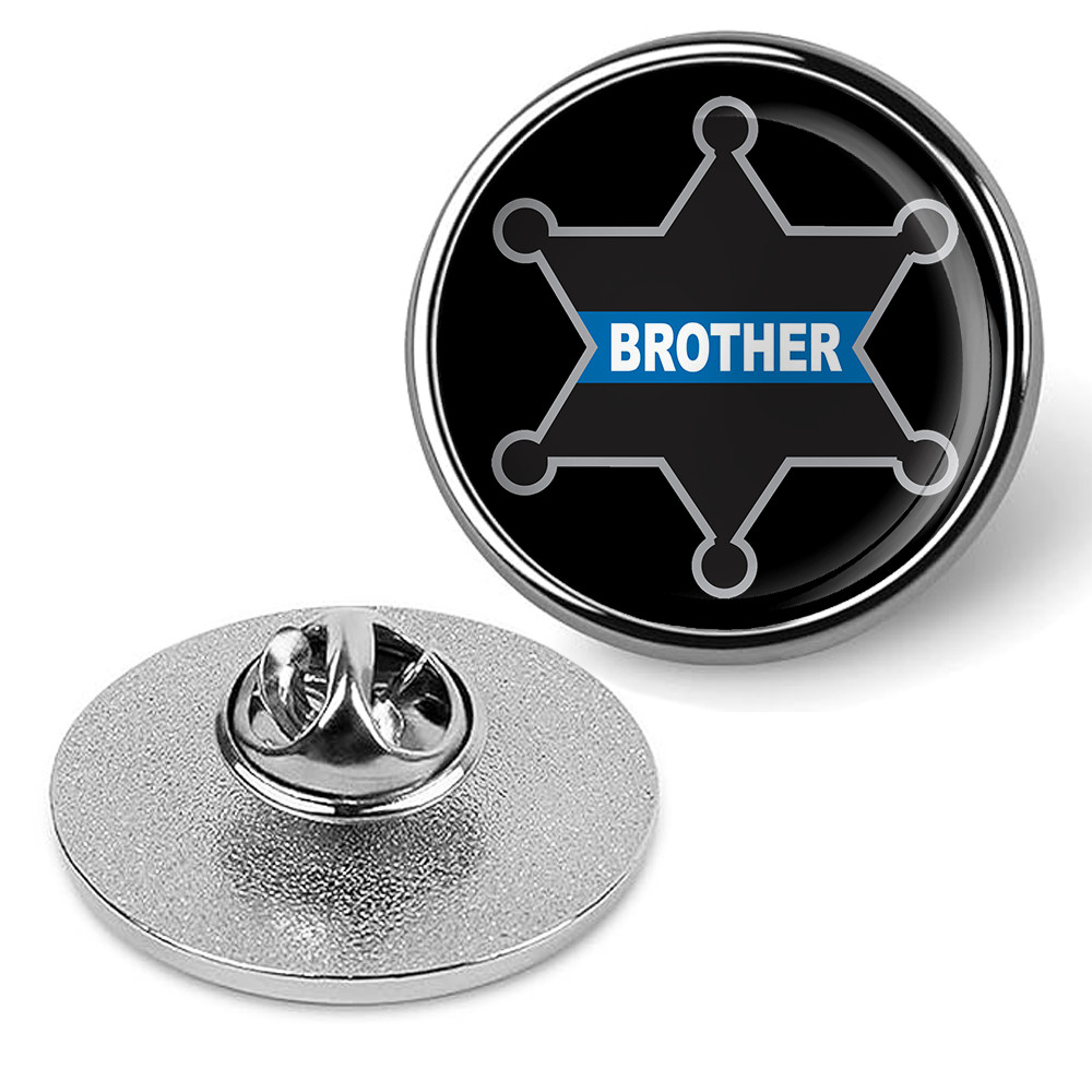 Law Enforcement Thin Blue Line Brother Sheriff Badge Brooches & Pins - Silver