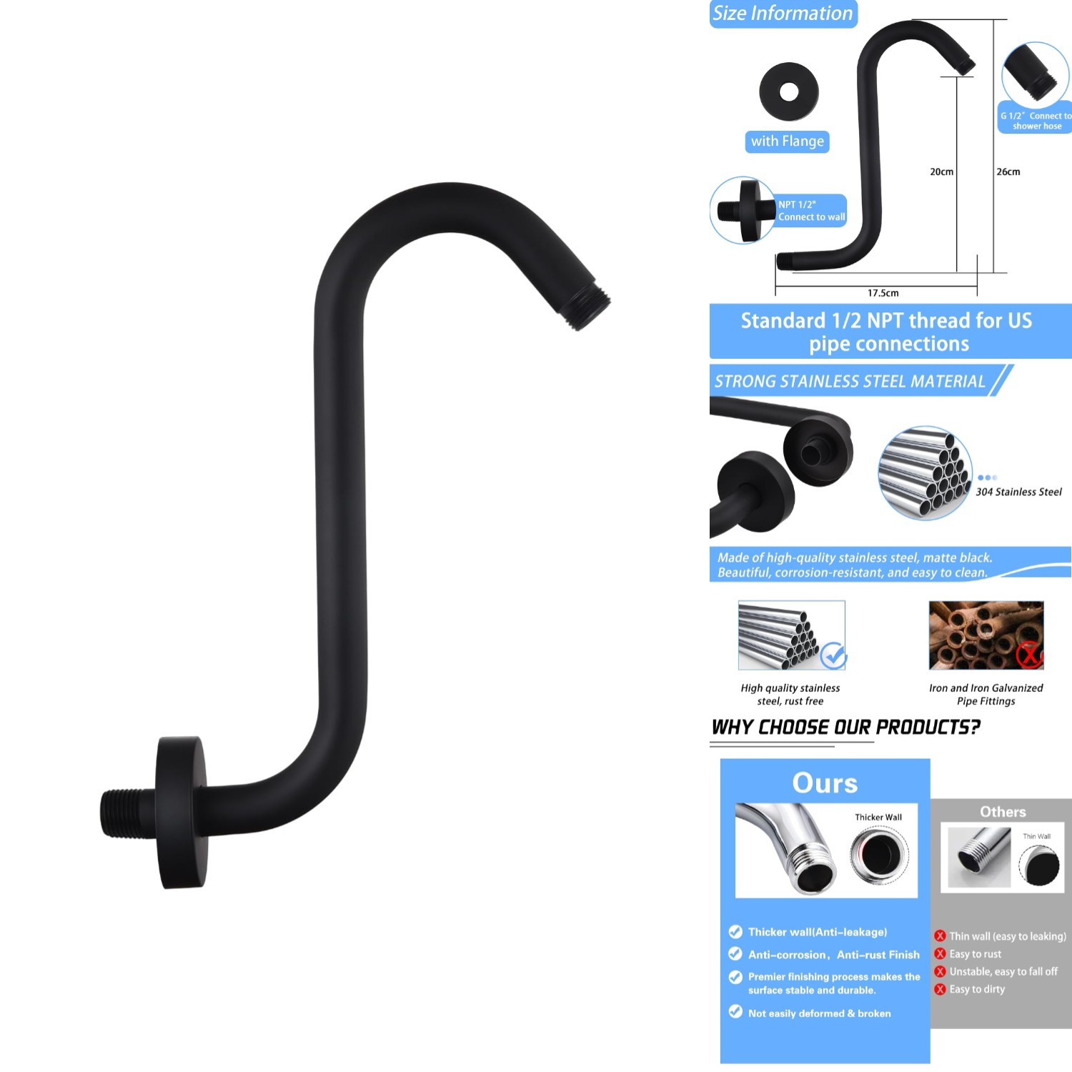 10 Inch High Rise Shower Head Extension Arm Gooseneck S-Shape Matte Black Flange