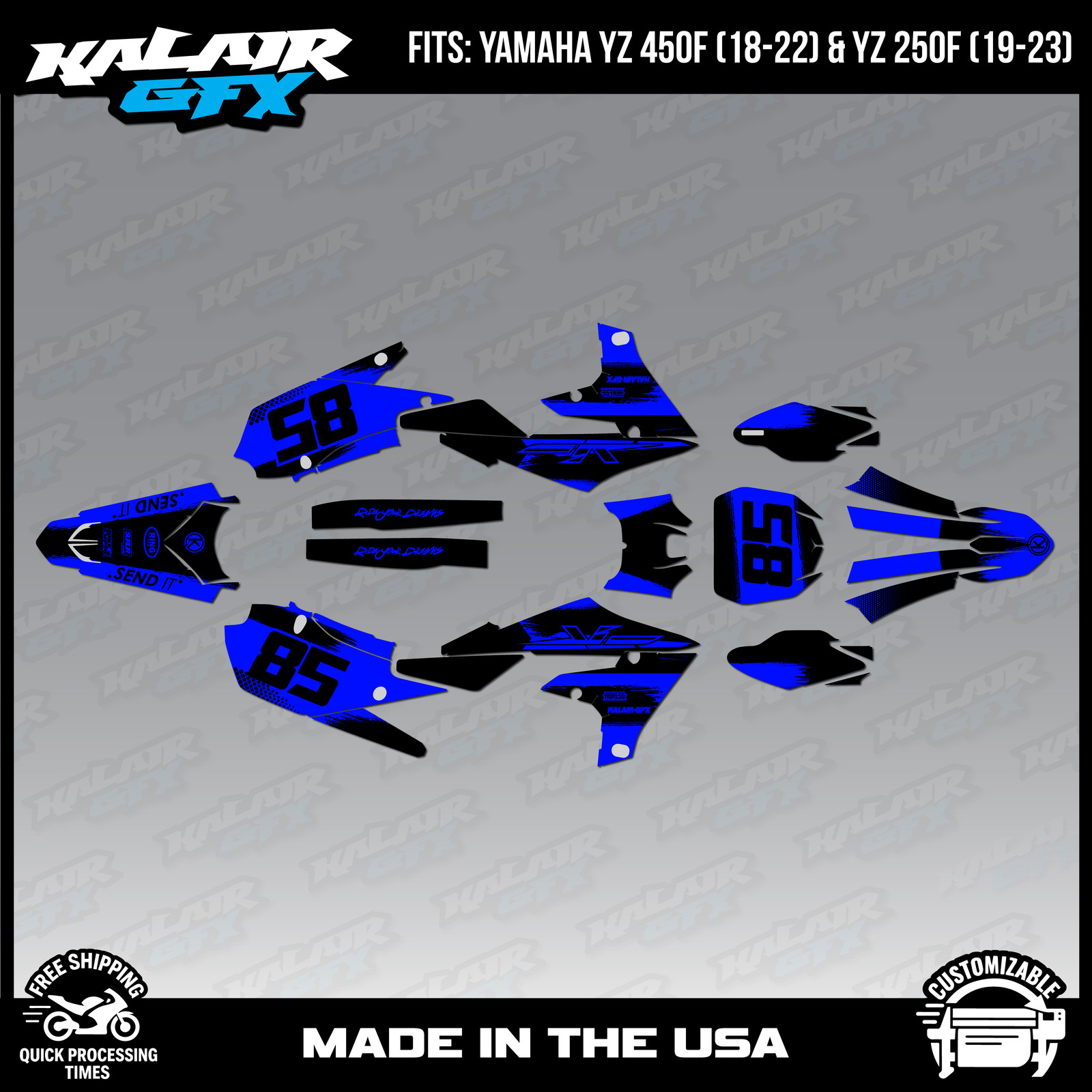 Graphics Kit for Yamaha YZ450F (2018-2022) and YZ250F (2019-23) Drag - Blue
