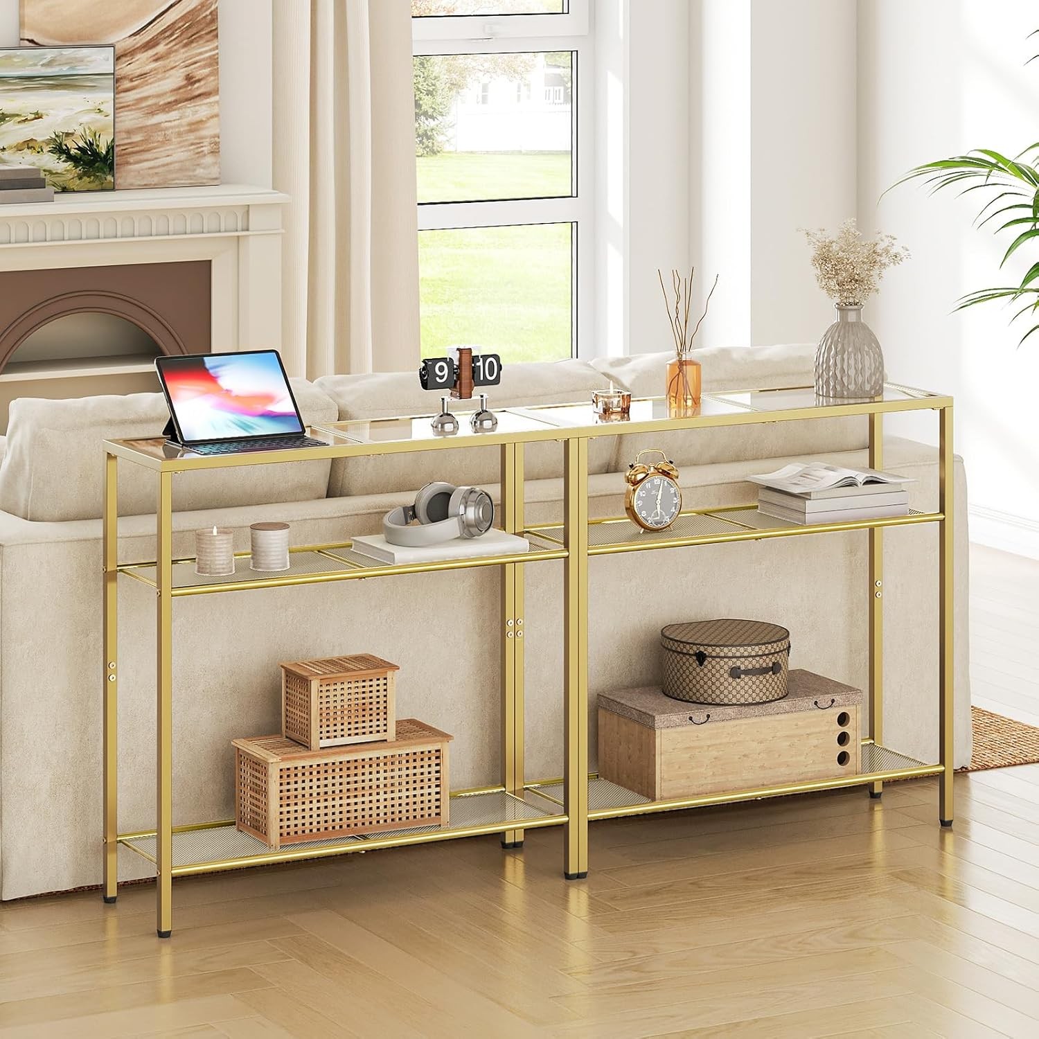 29.5" Narrow Console Table 3-Tier Tempered Glass Sofa Table Modern Entryway