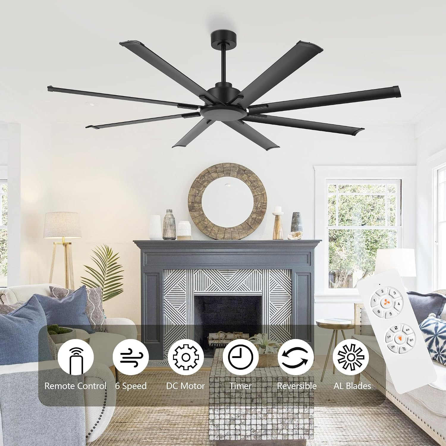 72" Ceiling Fan No Light, Reversible DC Motor, 6 Speed Remote Control, Industria