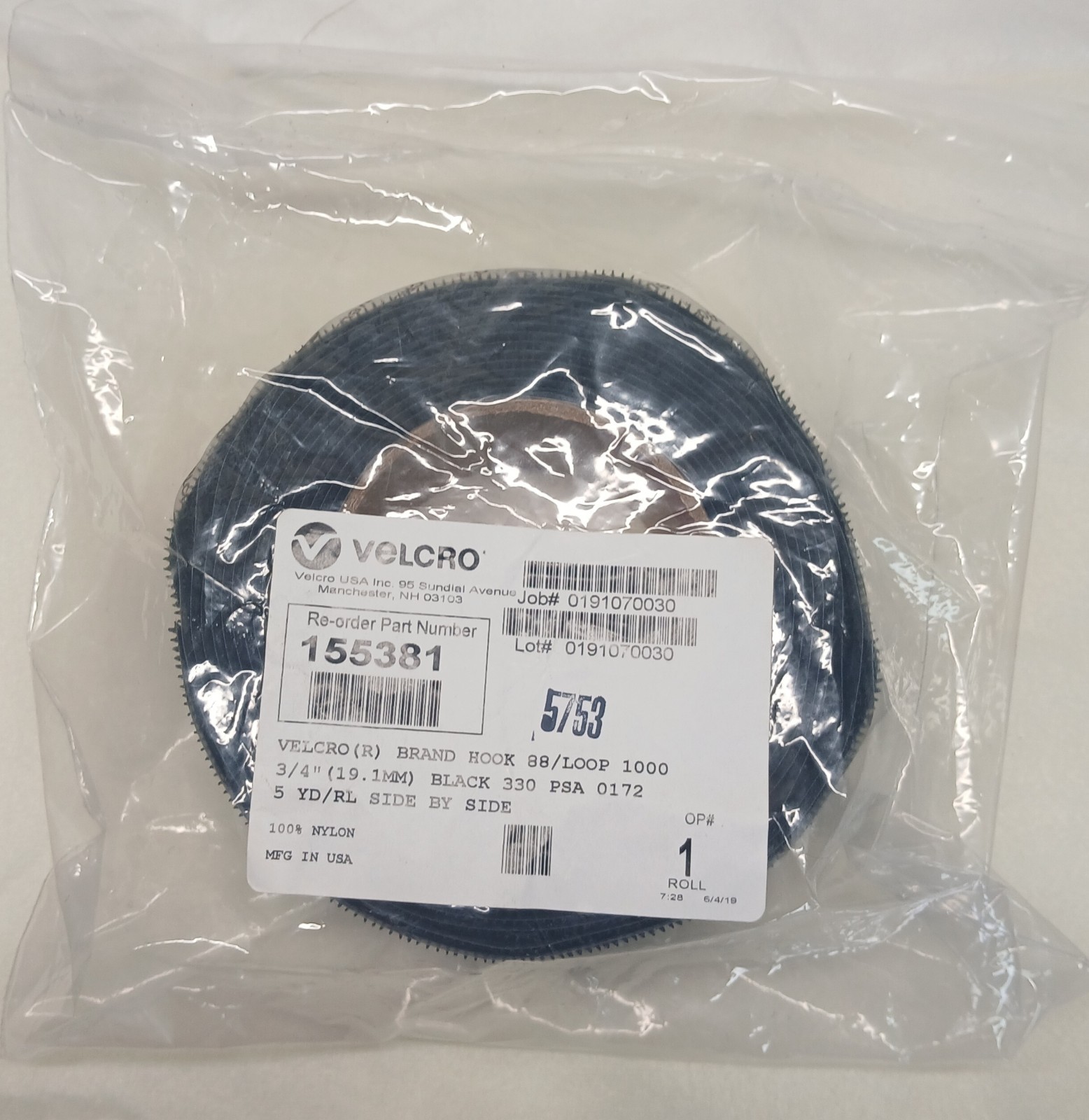 VELCRO® Brand 88/Loop 3/4 in. Black 5 Yd/Roll Side By Side, New
