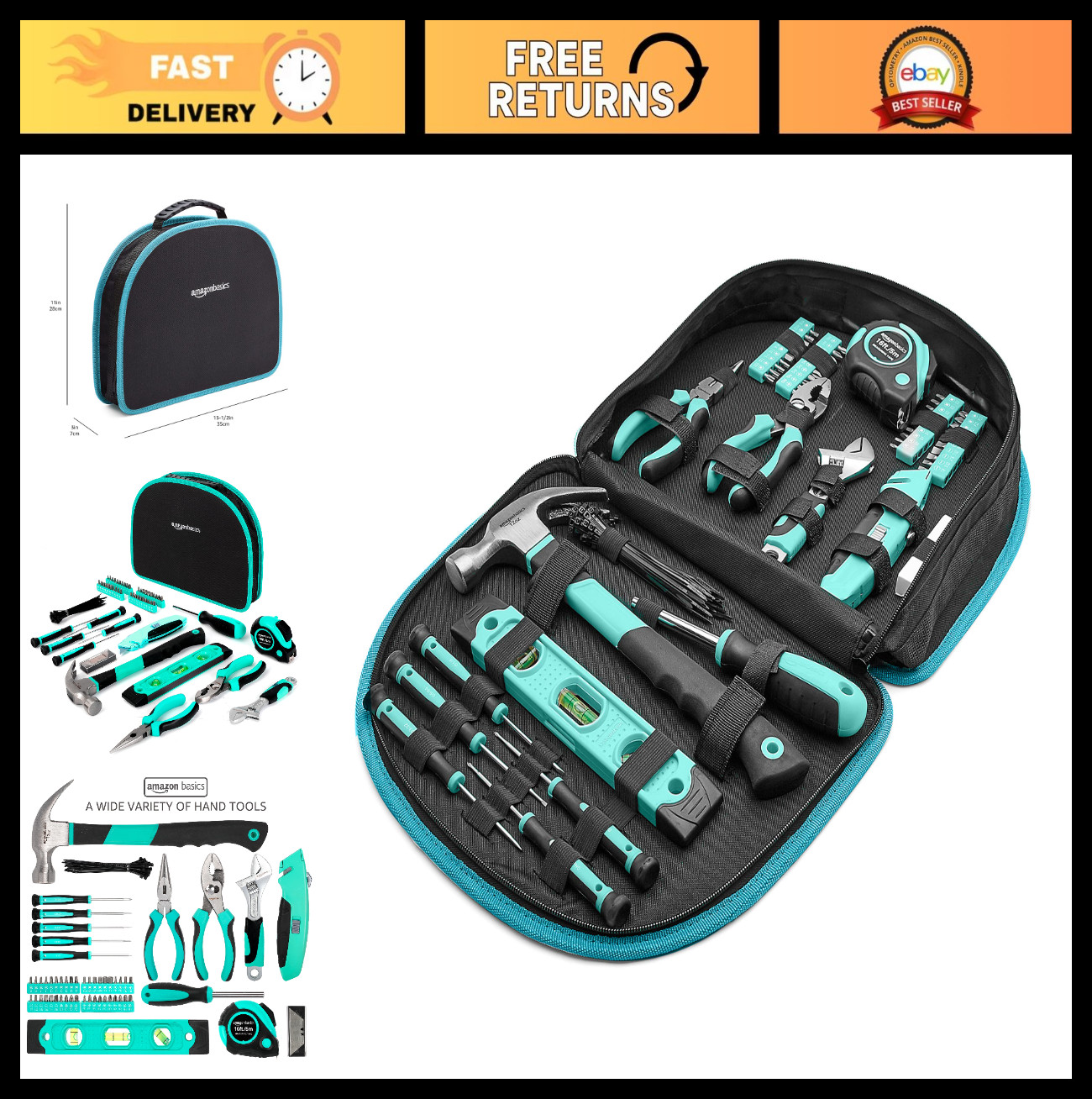 104-Piece Home Repair Tool Set with Portable Carrying Pouch, Hand Tool Kit, Turq