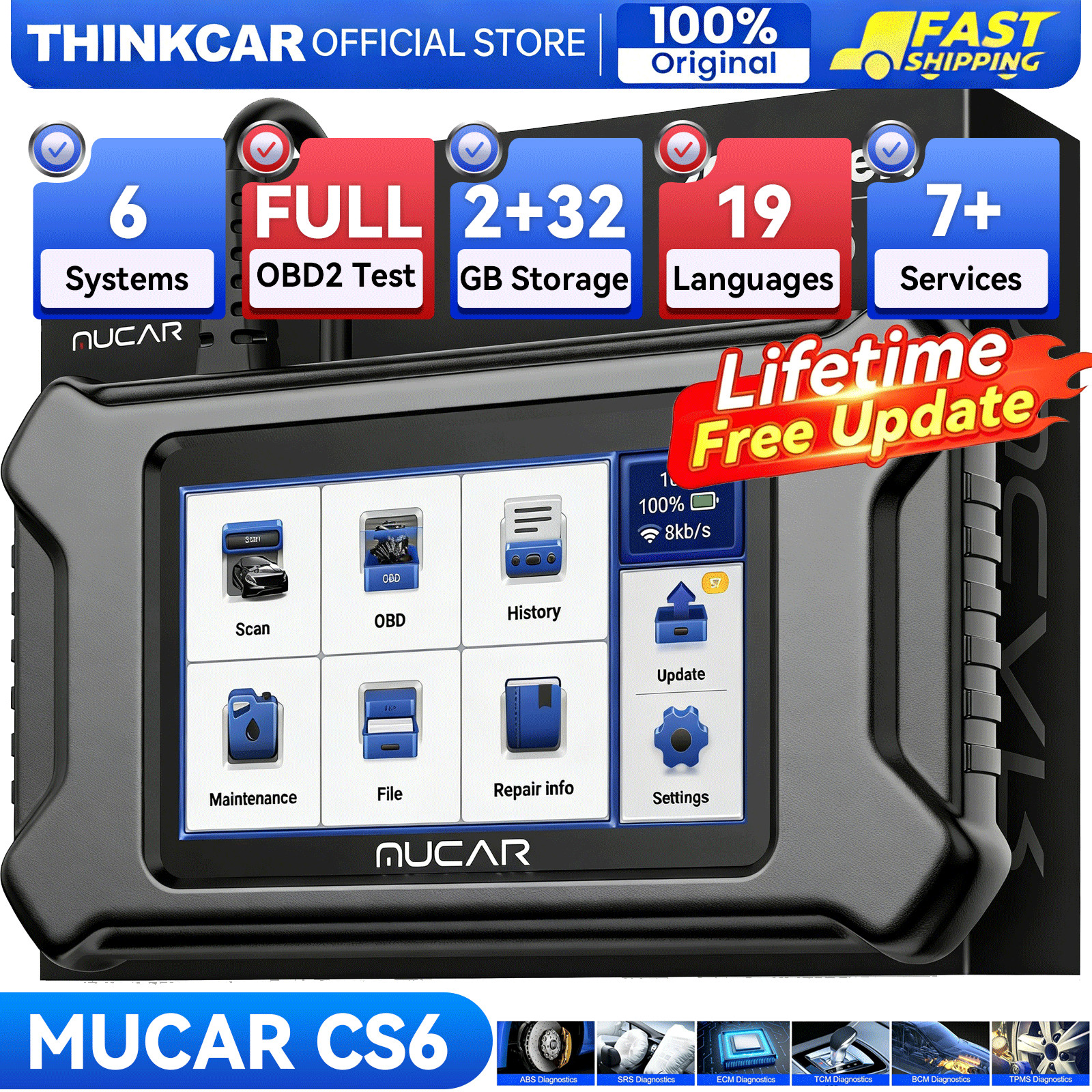 MUCAR CS6 Full OBD2 Diagnostic Scanner ABS SRS TPMS Engine 7-Systems Scan Tool
