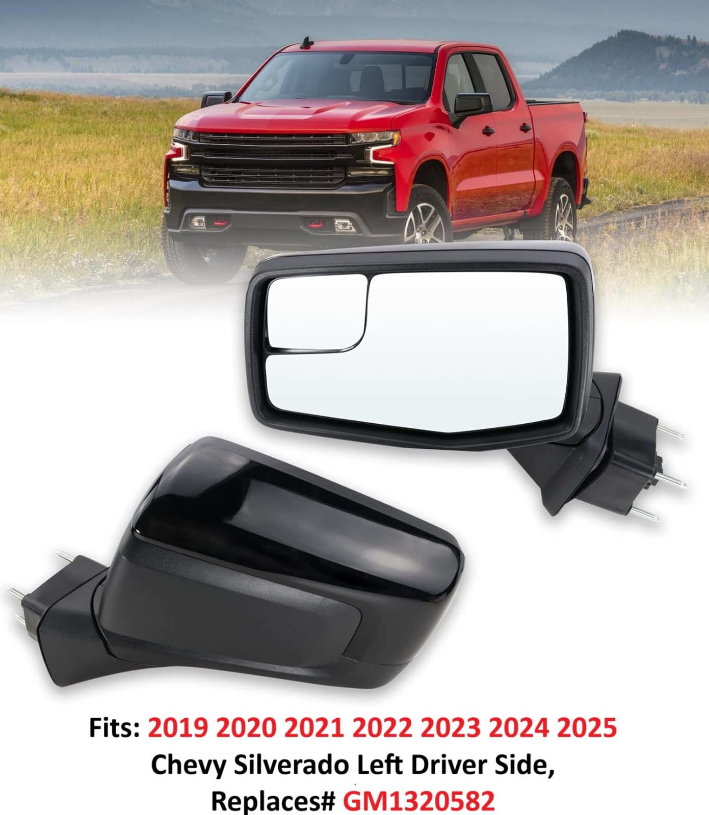 Left Driver Side Mirror for 2019-2025 Chevy Silverado 1500 Power Glass Manual