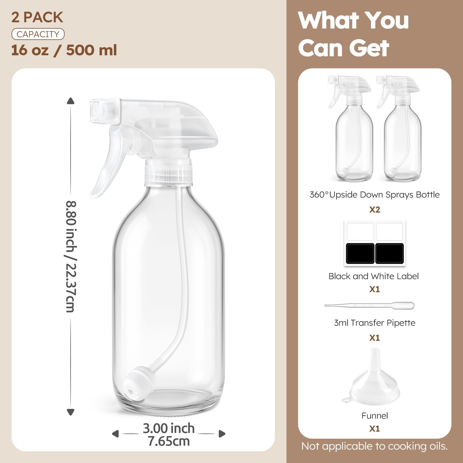 2 Pack 360° Glass Spray Bottles Clear, 16 oz Empty Refillable Containers with...