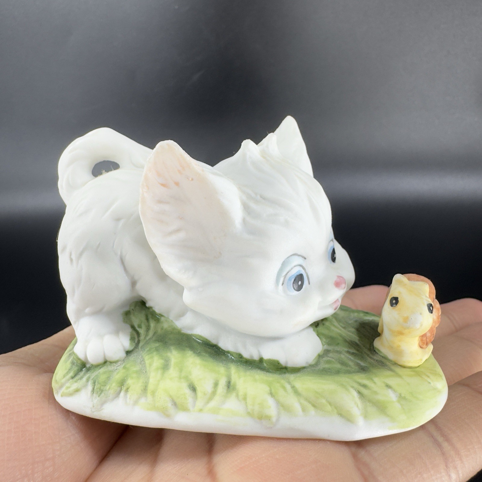 Vintage Lefton China White Kitten And Snail Ceramic Whimsical Figurine Decor VTG
