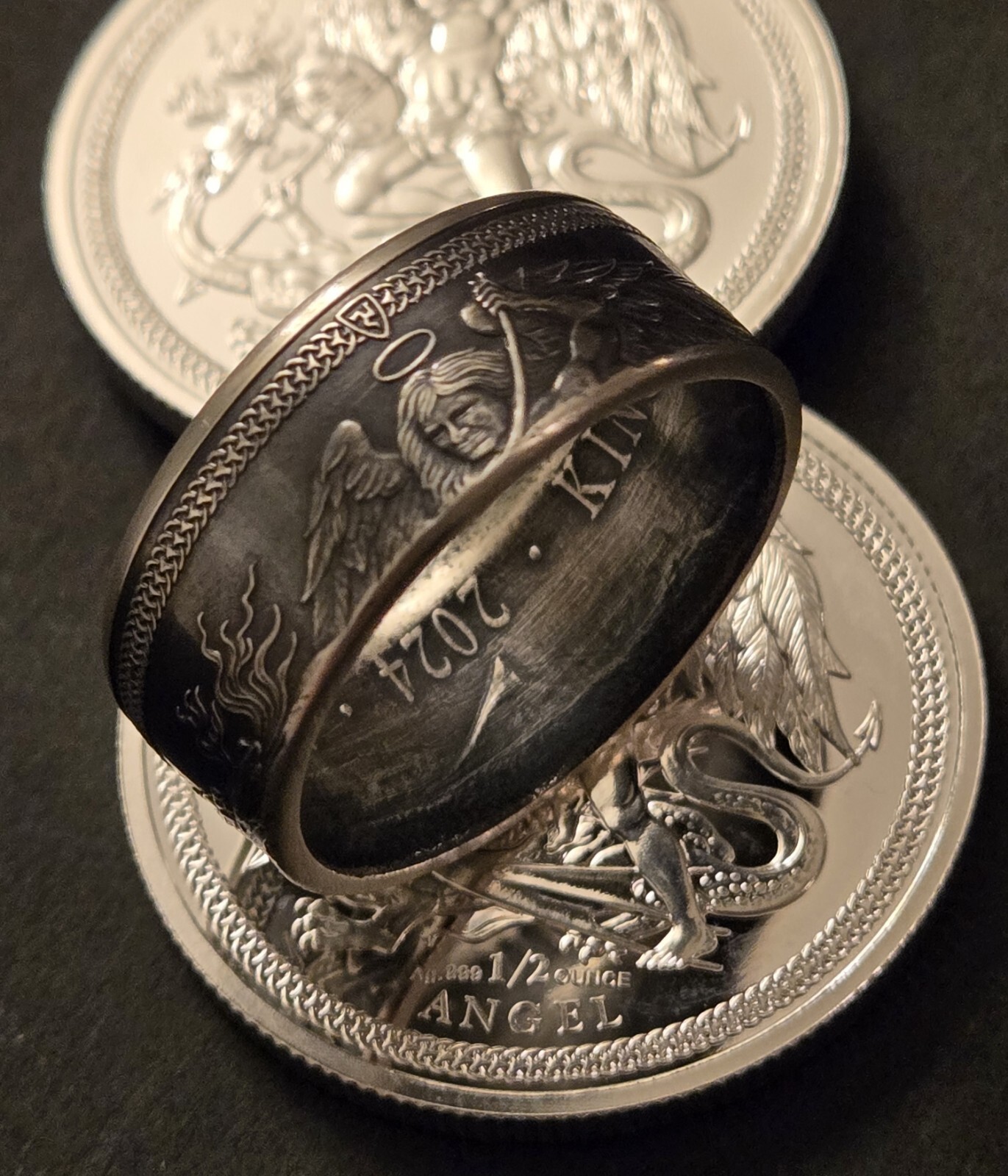 RARE Isle of Man Angel Fine Silver Coin Ring St Michael Archangel U Size 2026