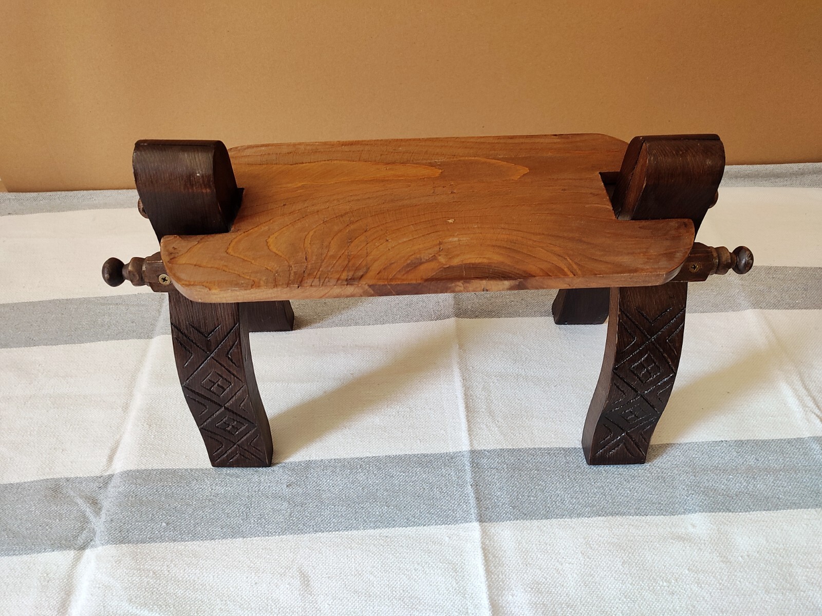 Camel Saddle Stool, Wooden Saddle Stool With Genuine Leather Pad.