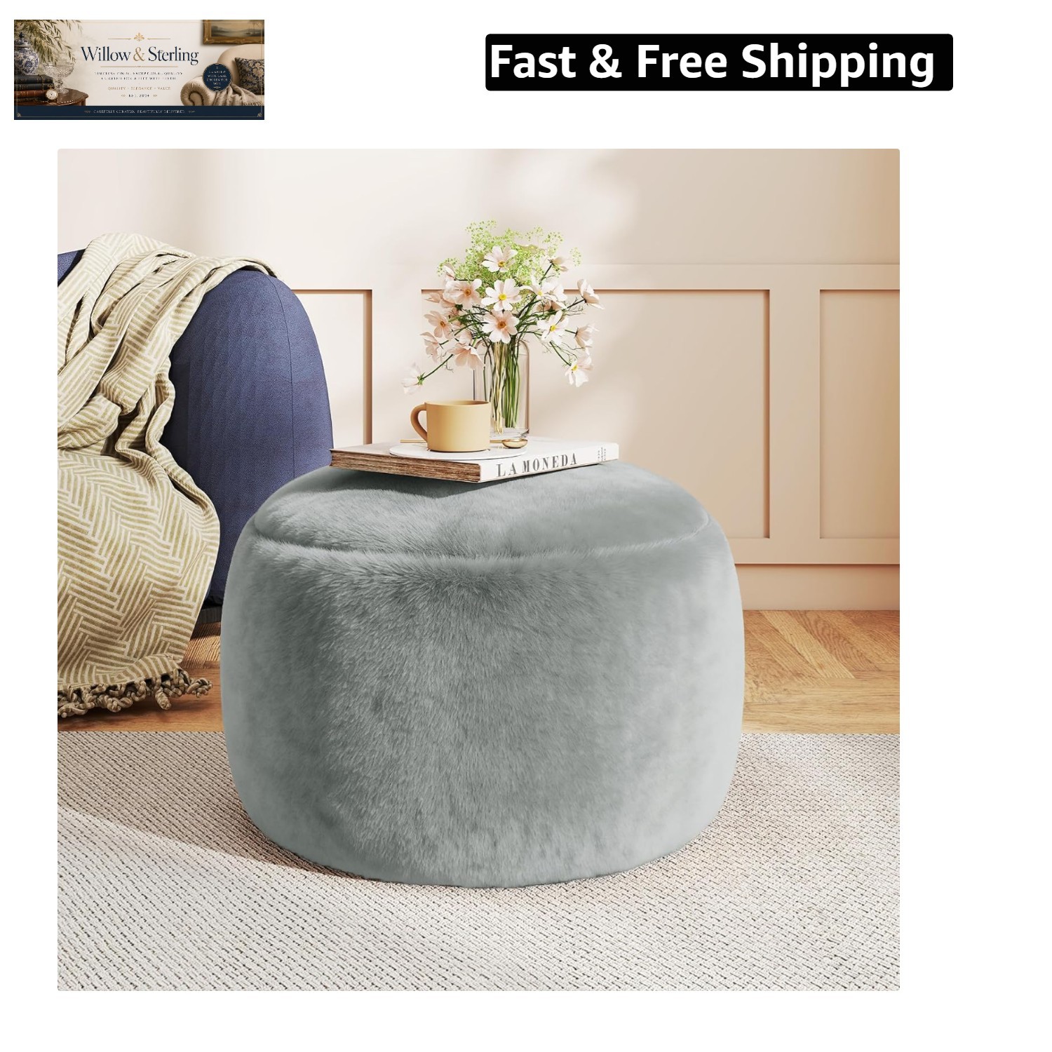 Round Stuffed Pouf Ottoman Foot Rest, Faux Fur Poufs with Memory Foam Filling...