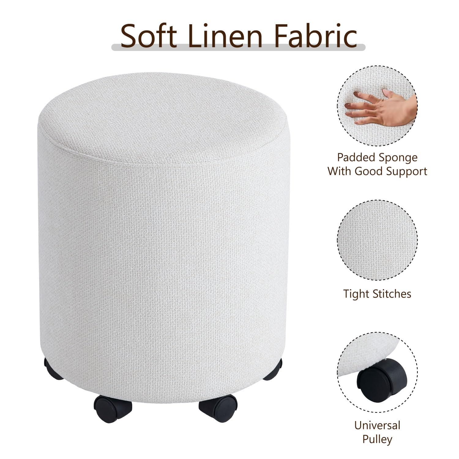 Set Style Ottoman with Wheels, Rolling Vanity Chair for Makeup, Upholstered V...
