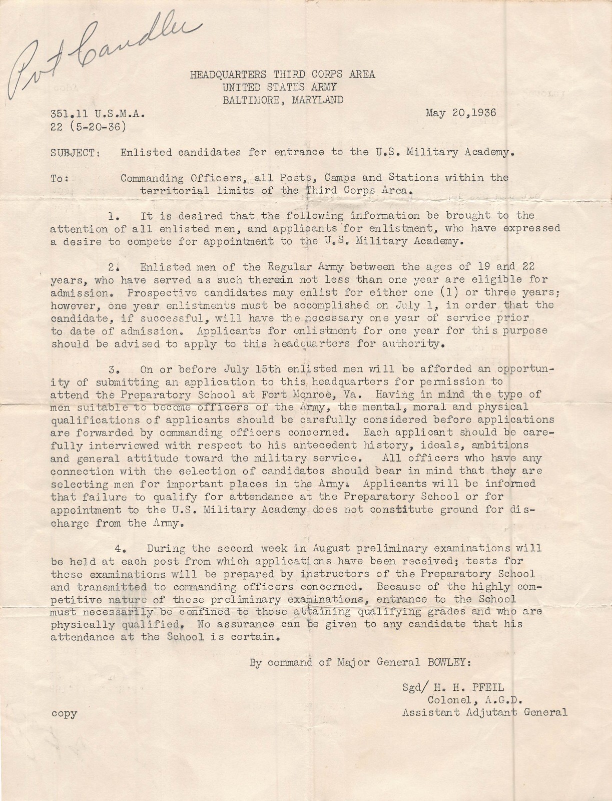 BALTIMORE~ARMY HEADQUARTERS THIRD CORP AREA-CANDIDATES-U S MILITARY ACADEMY-1936