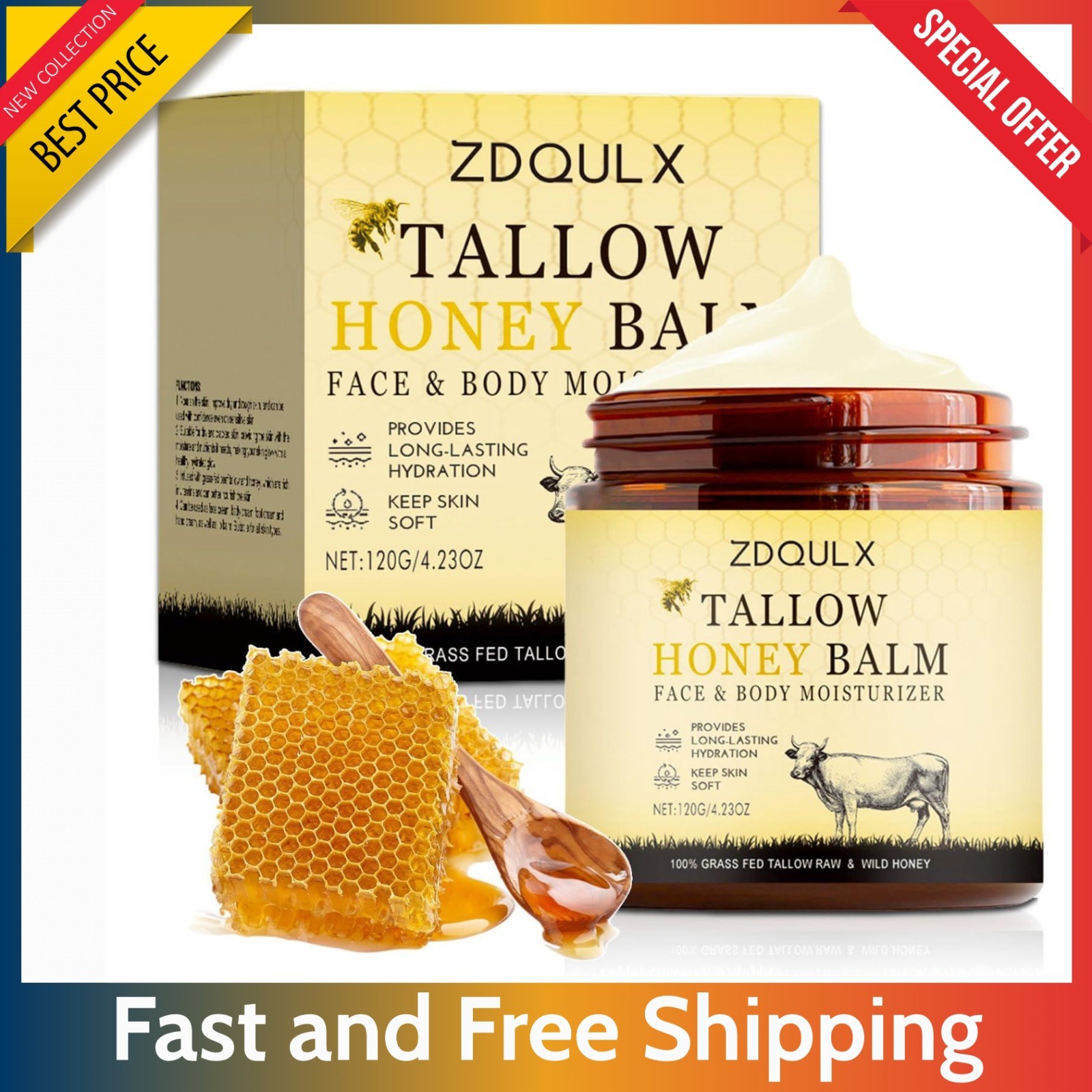 Grass Fed Beef Tallow Balm 4.23 oz - Raw Honey Face & Body Moisturizer Dry Skin.