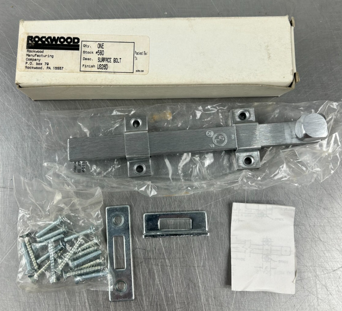 Rockwood 580-8 - 8" Surface Bolt US26D Satin Chrome New