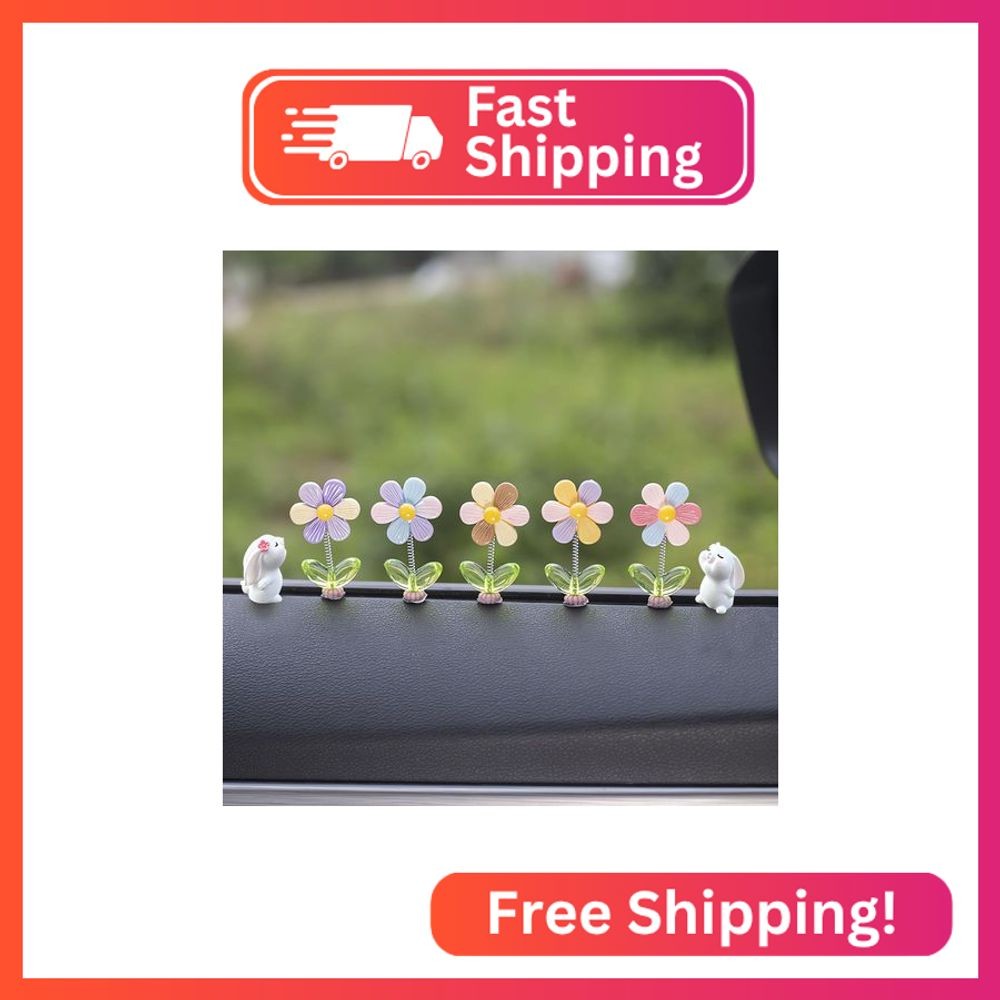 Kurilai 7pcs Cute Car Rearview Mirror Accessories, Funny Bunny Car Ornament, Sha