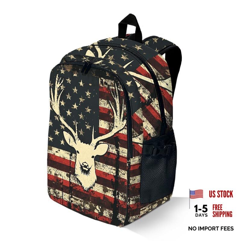 Deer Camo Camouflage American Flag Hunting Backpack With Adjustable White