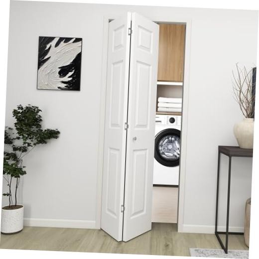 White Primed Bifold Barn Door, 30"x80" - 6 Panels, White Closet Door