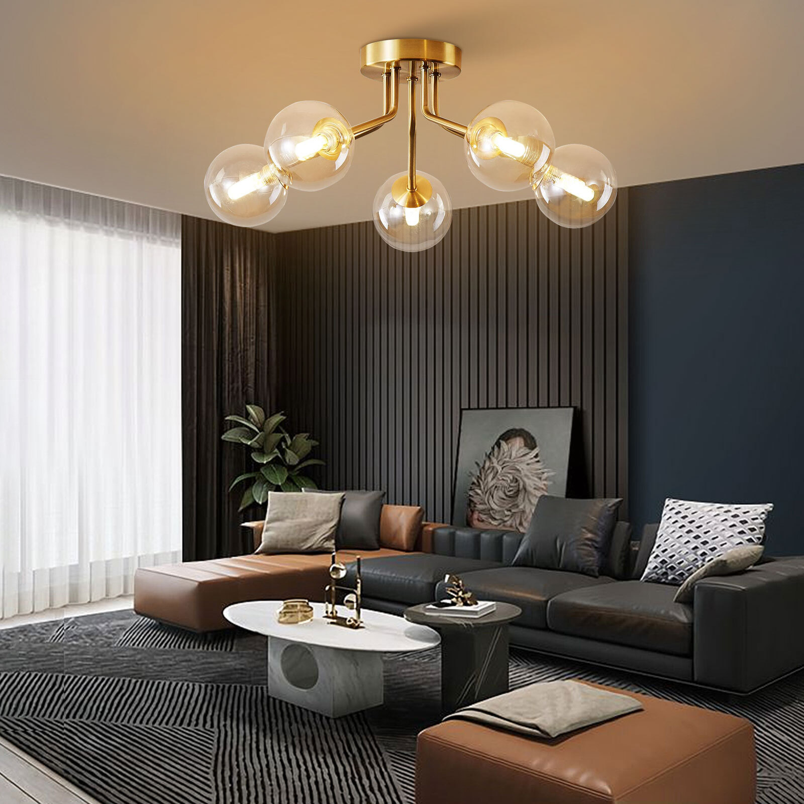 Sputnik Light Fixture Gold Flush,5 Lights Semi Flush Mount Ceiling Light Globe