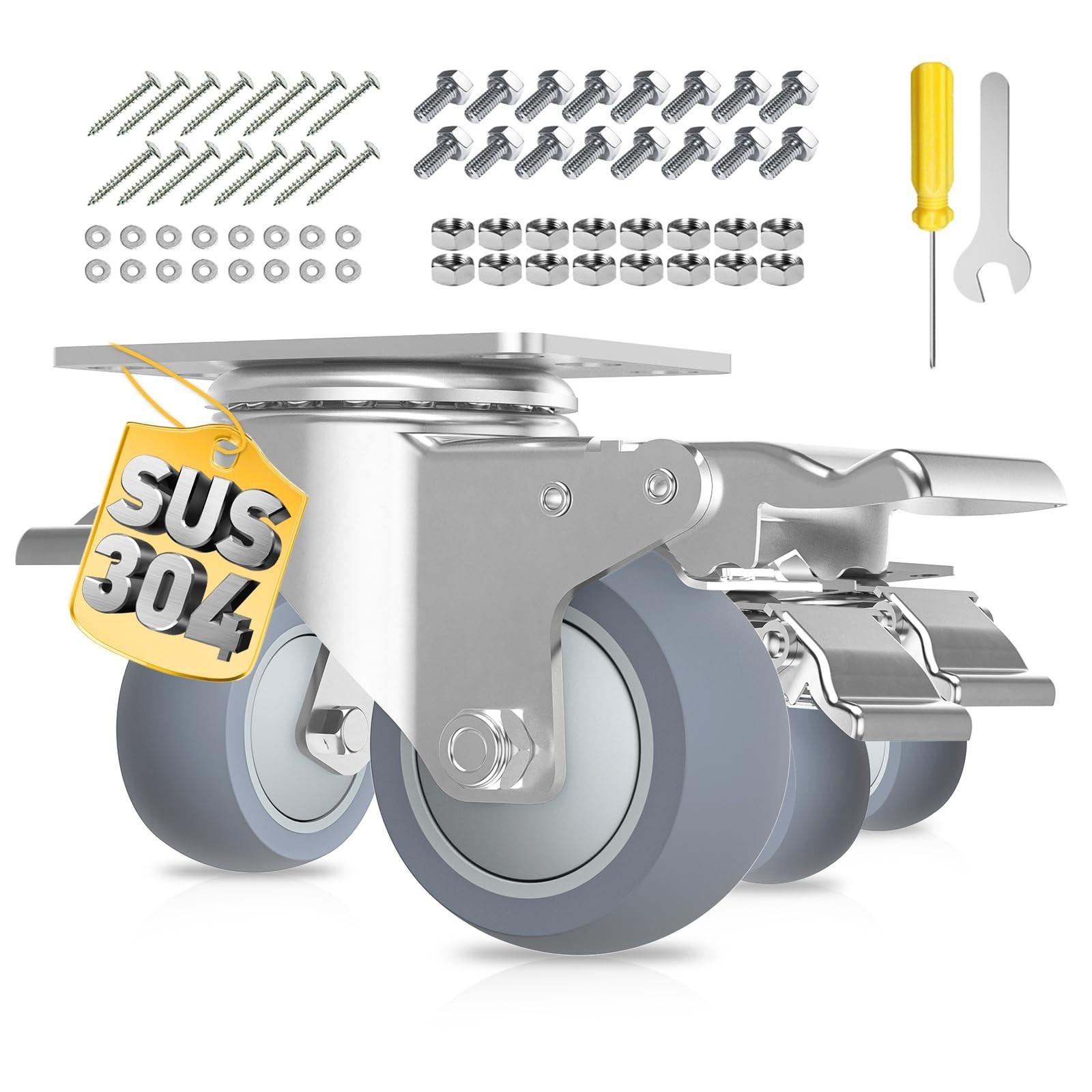 2 Inch Heavy Duty Stainless Steel Caster Wheels with Brake, 304 Swivel Caster...