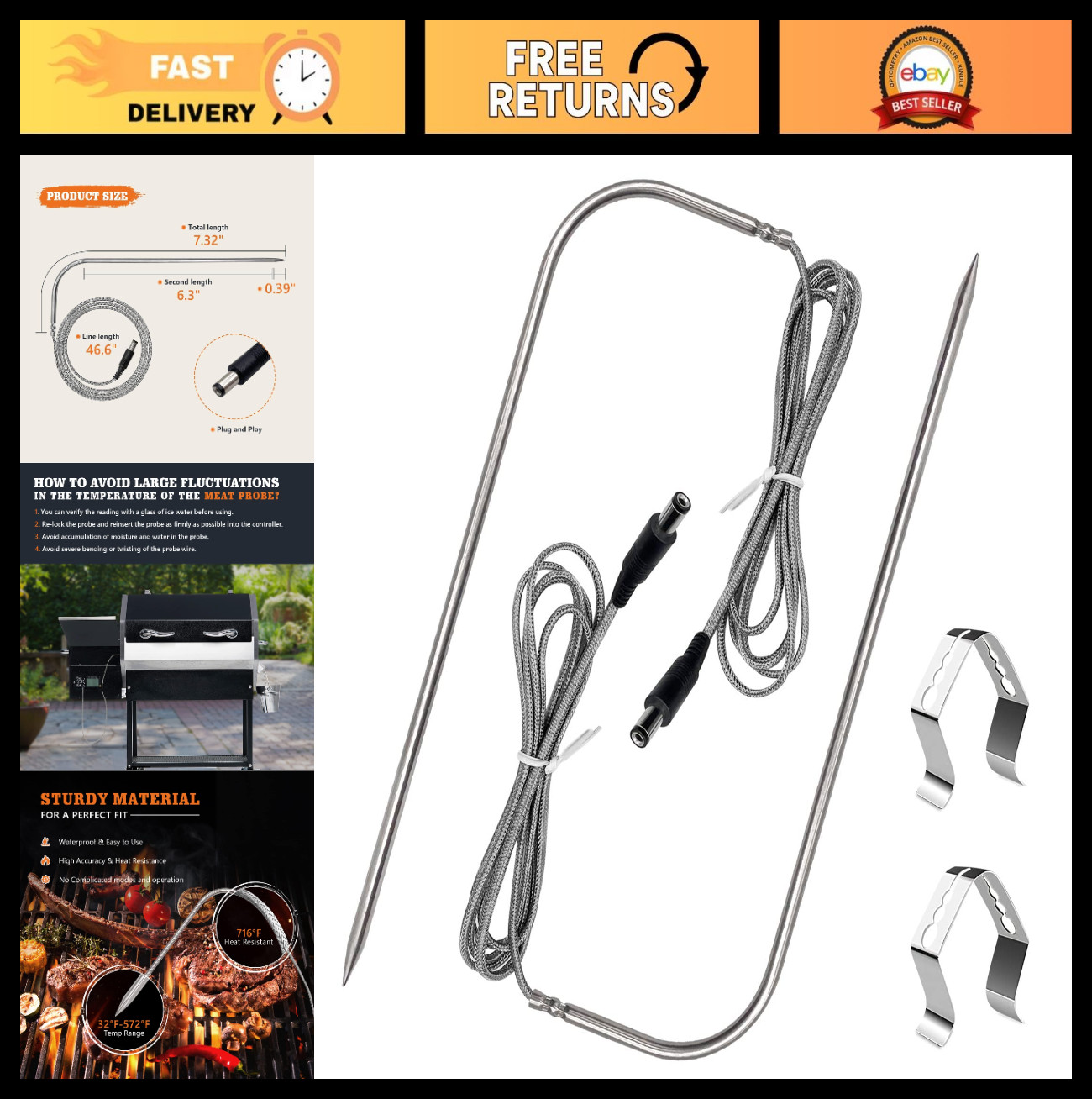 2-Pack Meat Probe Replacement for Wood Pellet Grill, Thermometer Clips, Food-Gra