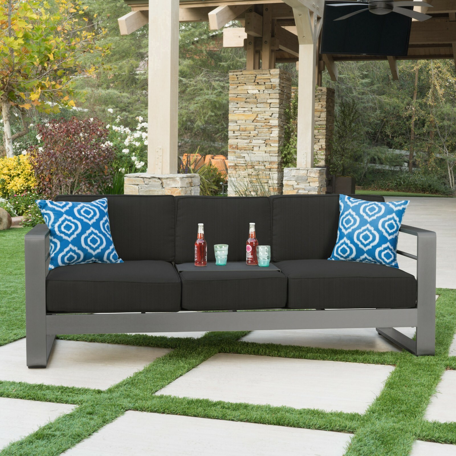 Crested Bay Outdoor Gray Aluminum Sofa Couch with Water Resistant Cushions