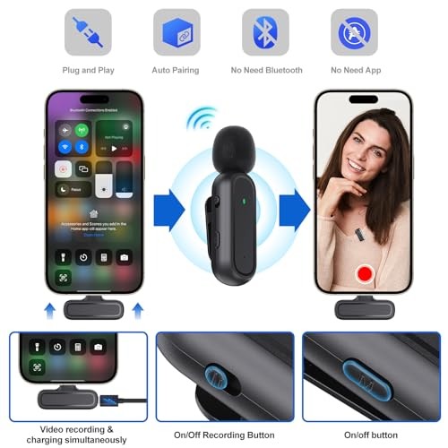 2 Pcs Wireless Lavalier Microphone for iPhone iPad Android PC, Mini Mic with