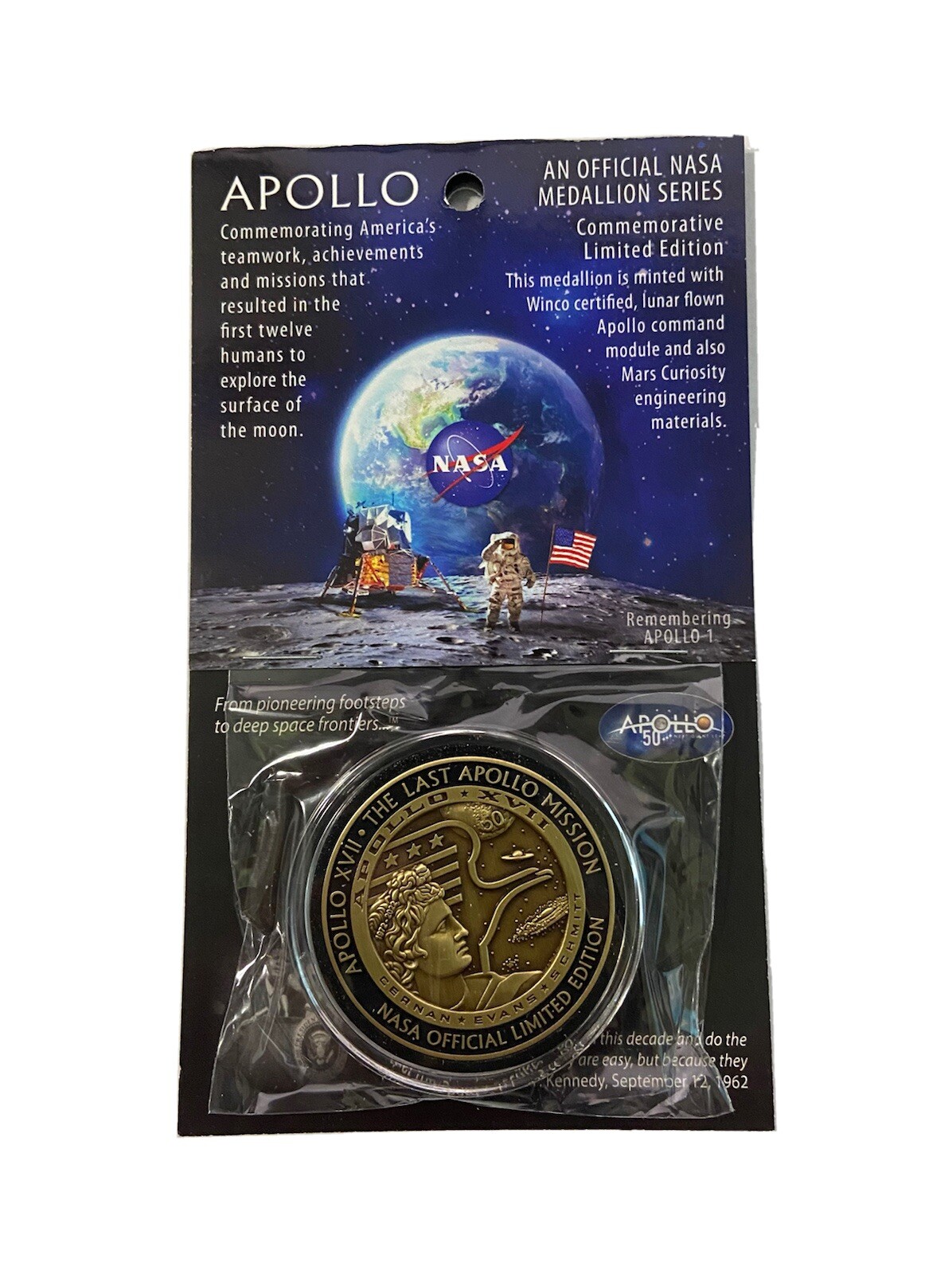 NASA Apollo 17 Medallion 50th Anniversary Contains Flown Command Module Metal...