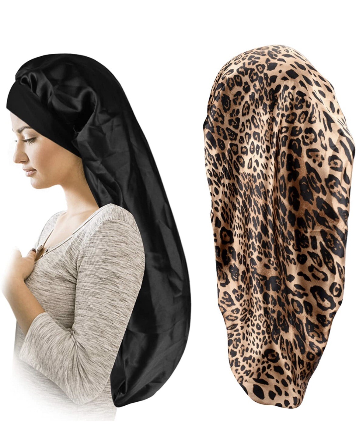 2 Pcs Hair Bonnets for Women Satin Black Leopard Soft Elastic Band Silky Slee...