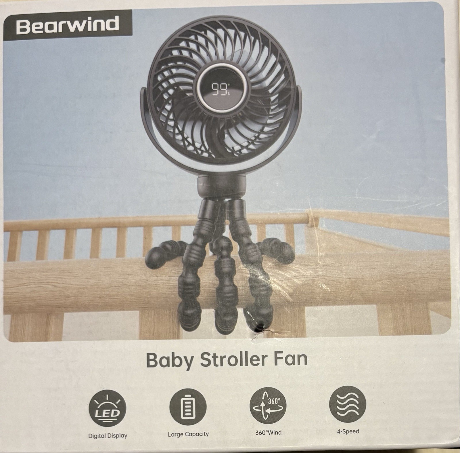 Bearwind Baby Stroller Fan Digital Display 360^ 4 Speed Rechargeable C White New
