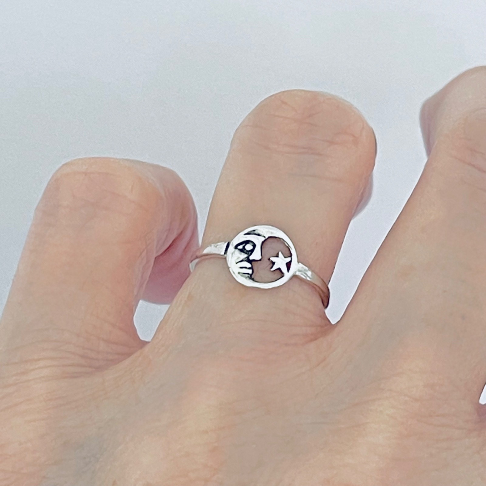 Sterling Silver Small Moon Face and Star Ring, Dainty Celestial Silver Rings