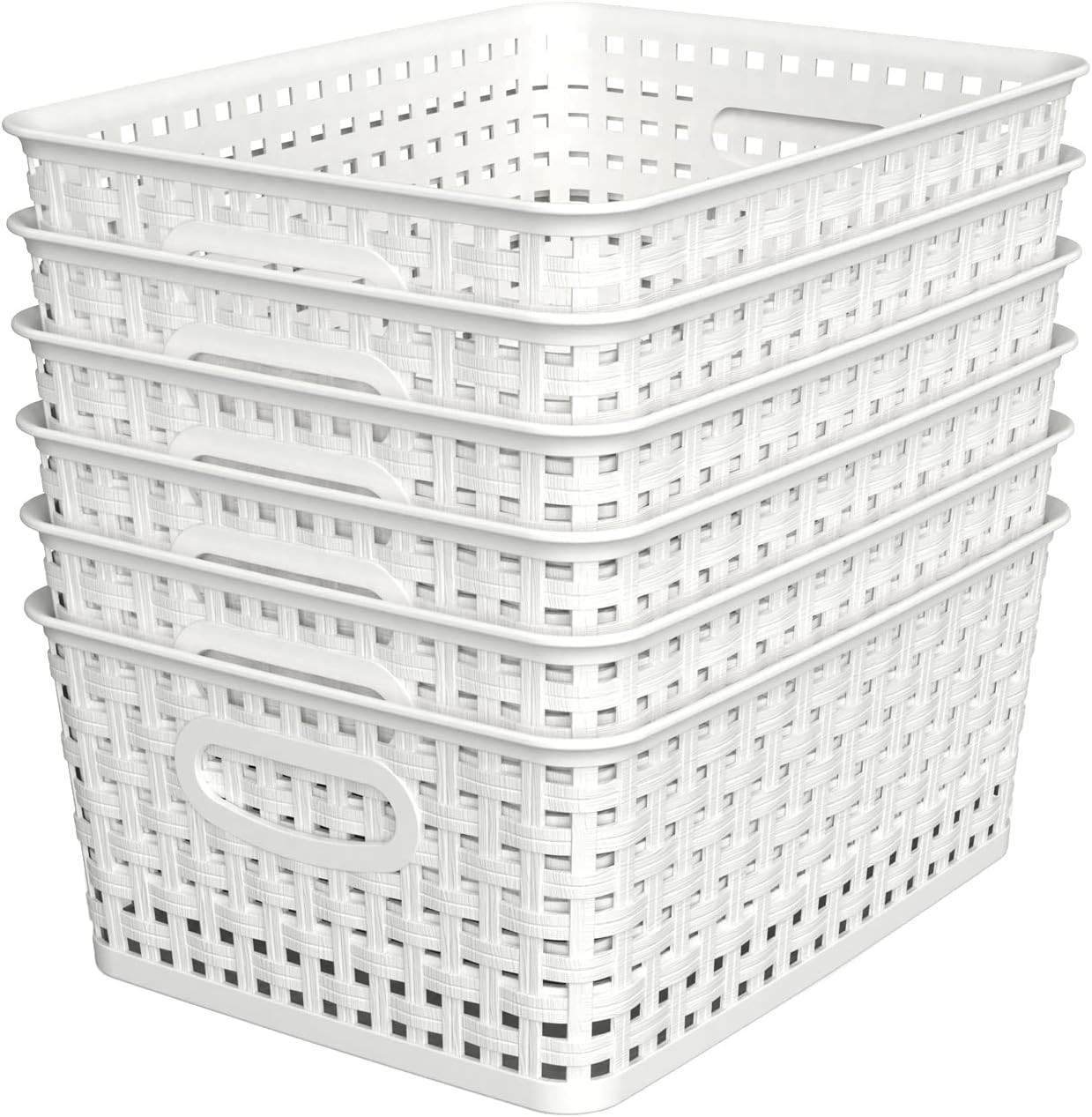 Woven Plastic Storage Baskets, 6 Pack White Weave Bins Organizer, 10.1" x 7.55"