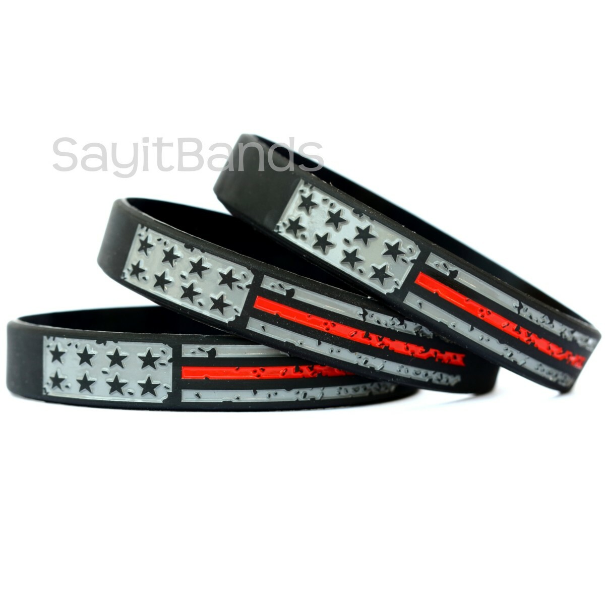 50 Worn Distressed USA Flag Wristbands - The Thin RED Line Fire Services Bands