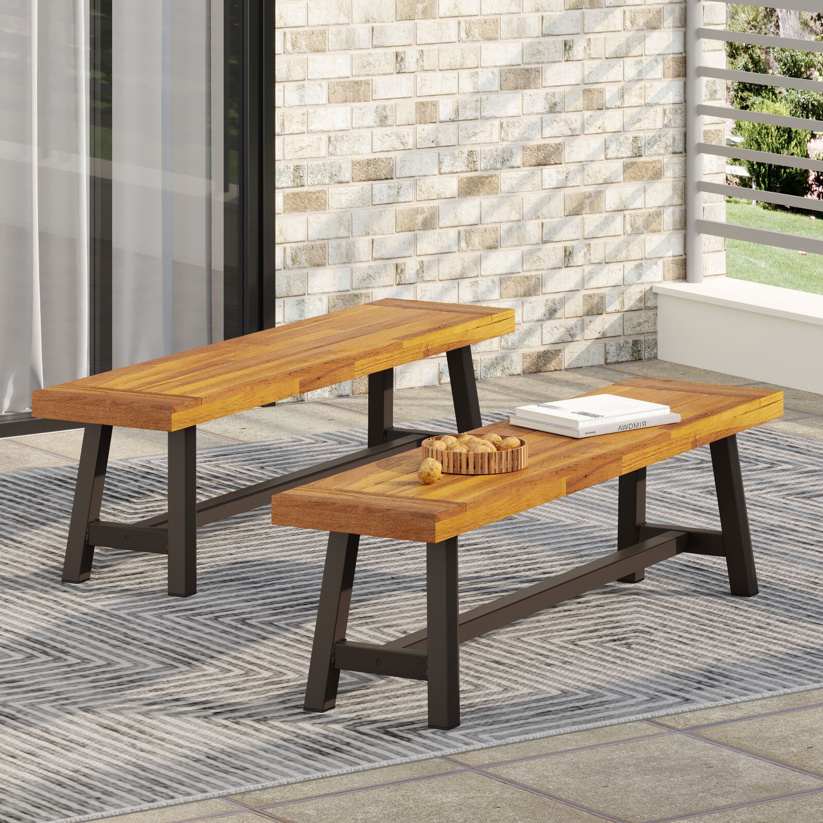 Park Bench Garden Outdoor Acacia Wood Benches (Set of 2), Rustic Metal