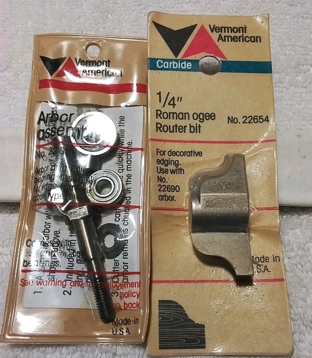 2pc VERMONT AMERICAN 22654 & 22690 CARBIDE 1/4" ROMAN OGEE BIT & ARBOR ASSEMBLY