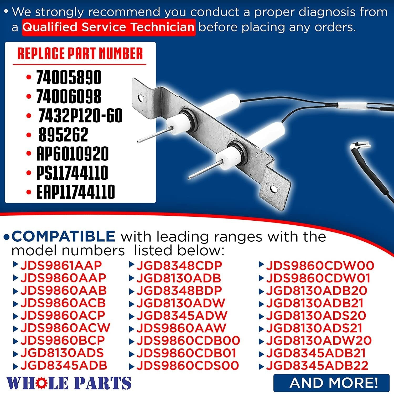 New WP74005890 Range Spark Igniter Set for Whirlpool