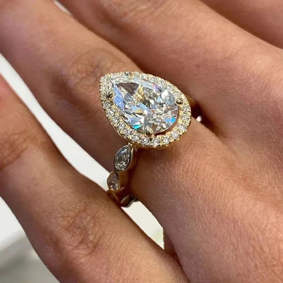 White Moissanite 3.20 Ct Pear Cut Halo Wedding Ring 14K Yellow Gold Finish