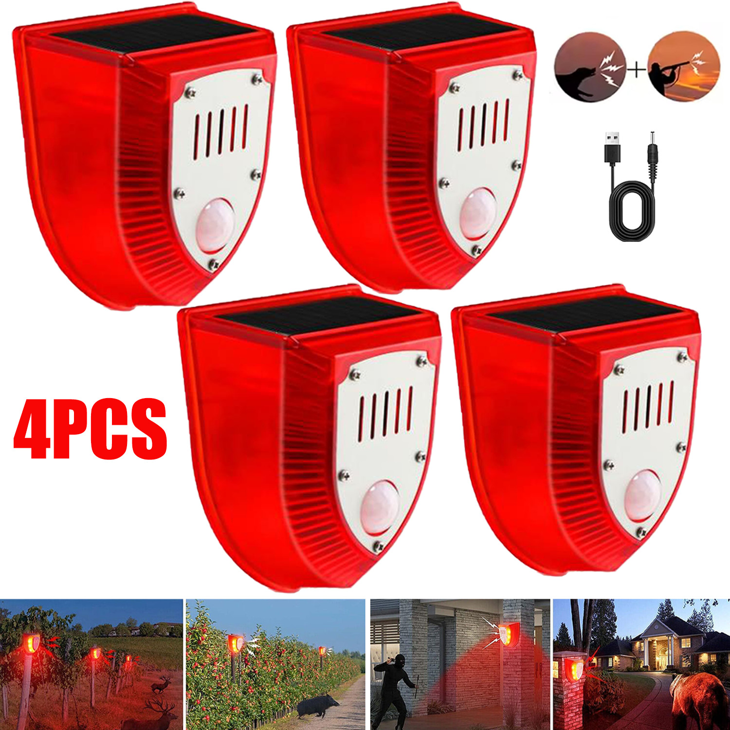 4x Solar Strobe Alarm LED Light Animal Repeller Sensor Detector Outdoor Garden