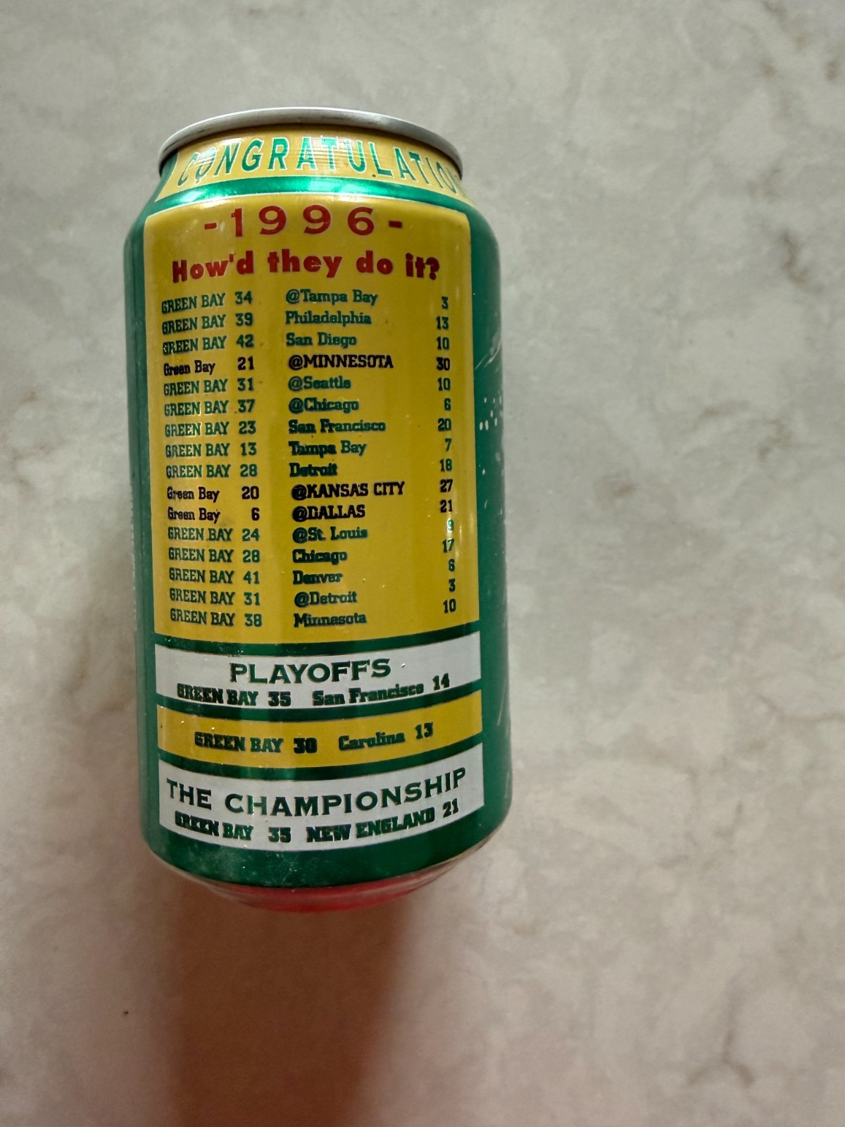Mountain Dew - 'Green Bay Packers - 1996 Season' soda pop can promo, 1997, empty