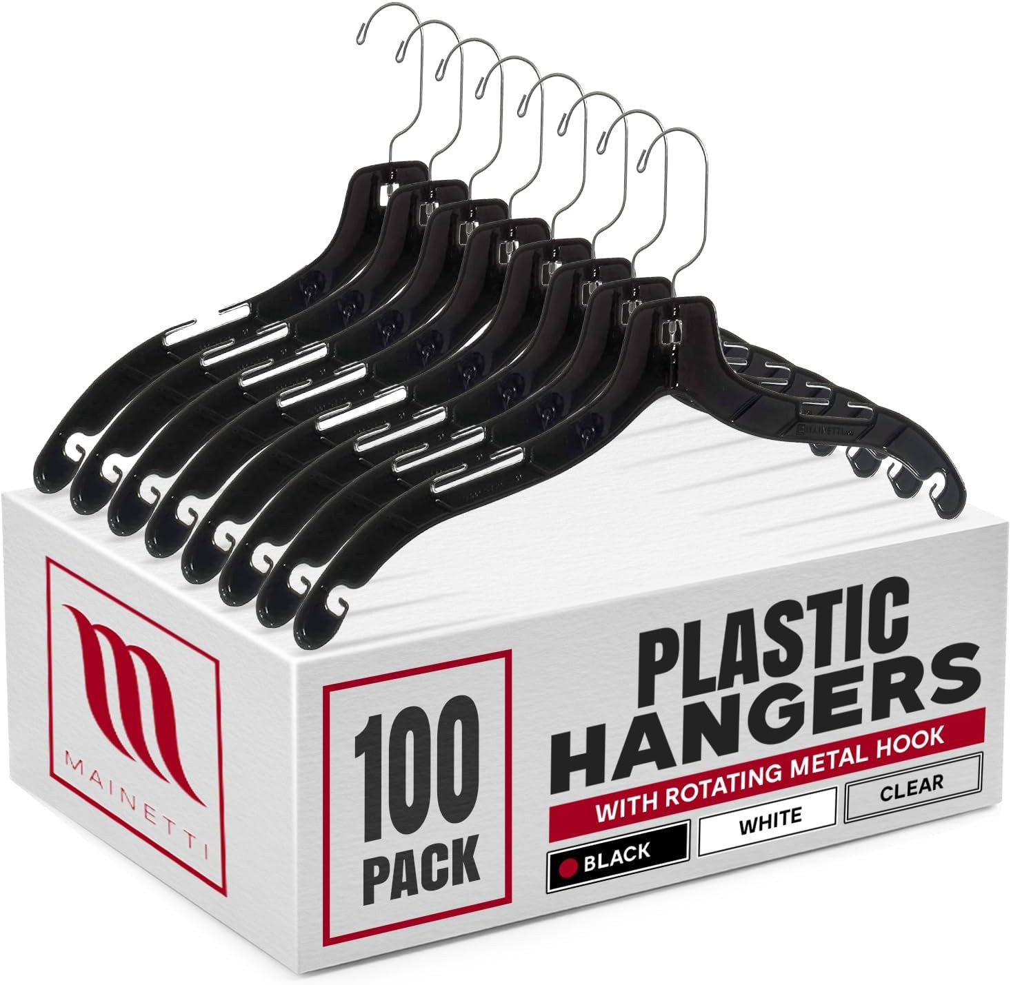 5400 Black Plastic Hangers - 100 Pack with 360° Swivel Hook & Notches