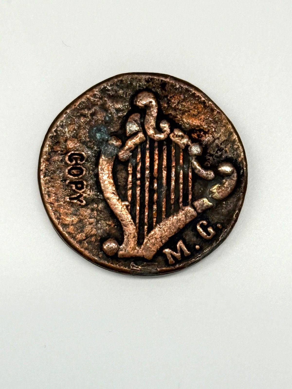 1776 Massachusetts Pine Tree Novelty Copper Coin Copy Obverse is a Harp