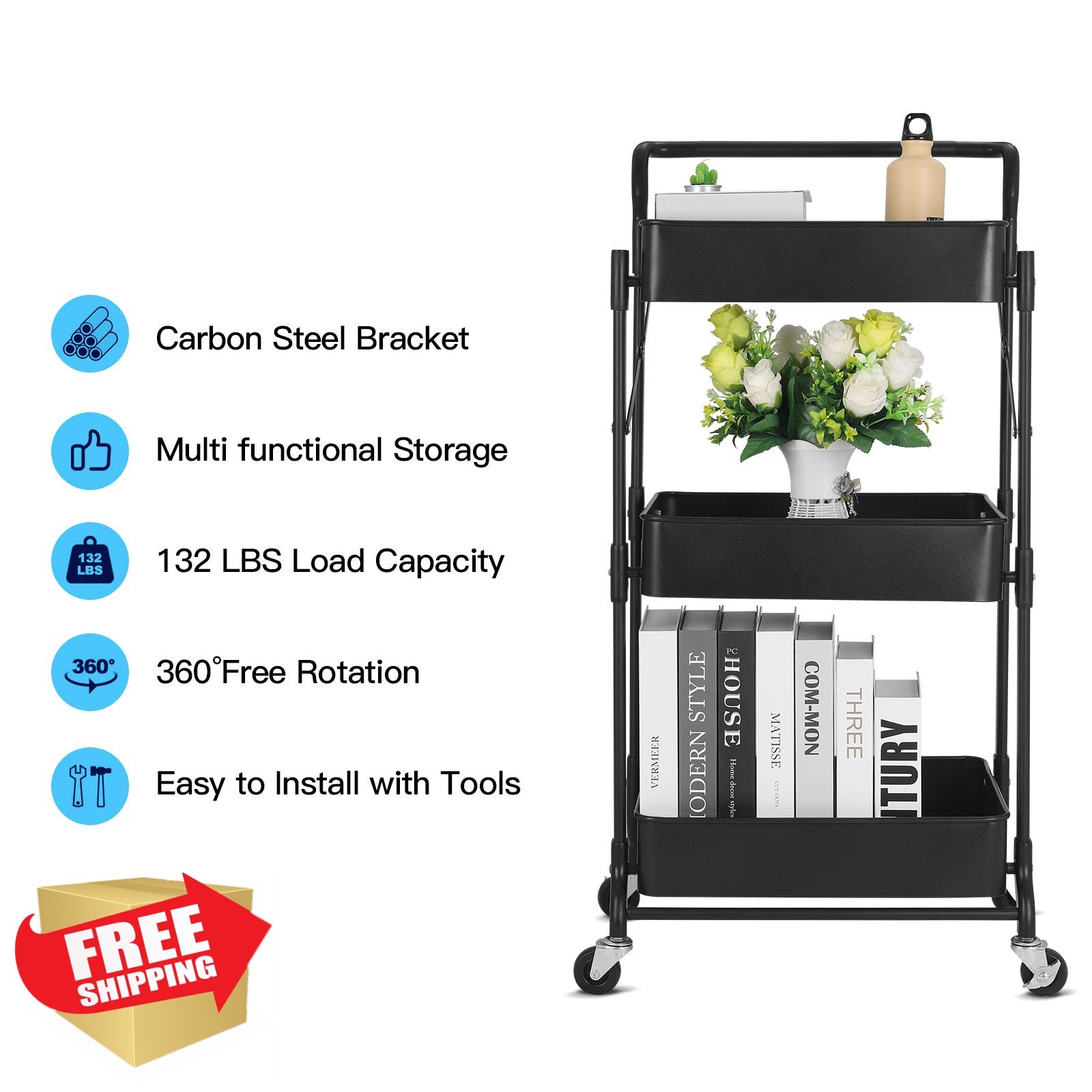 johgee Black metal utility cart