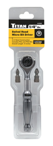 Titan 11318 1/4" Hex Dr. Swivel Head Micro Bit Driver (4" OAL)