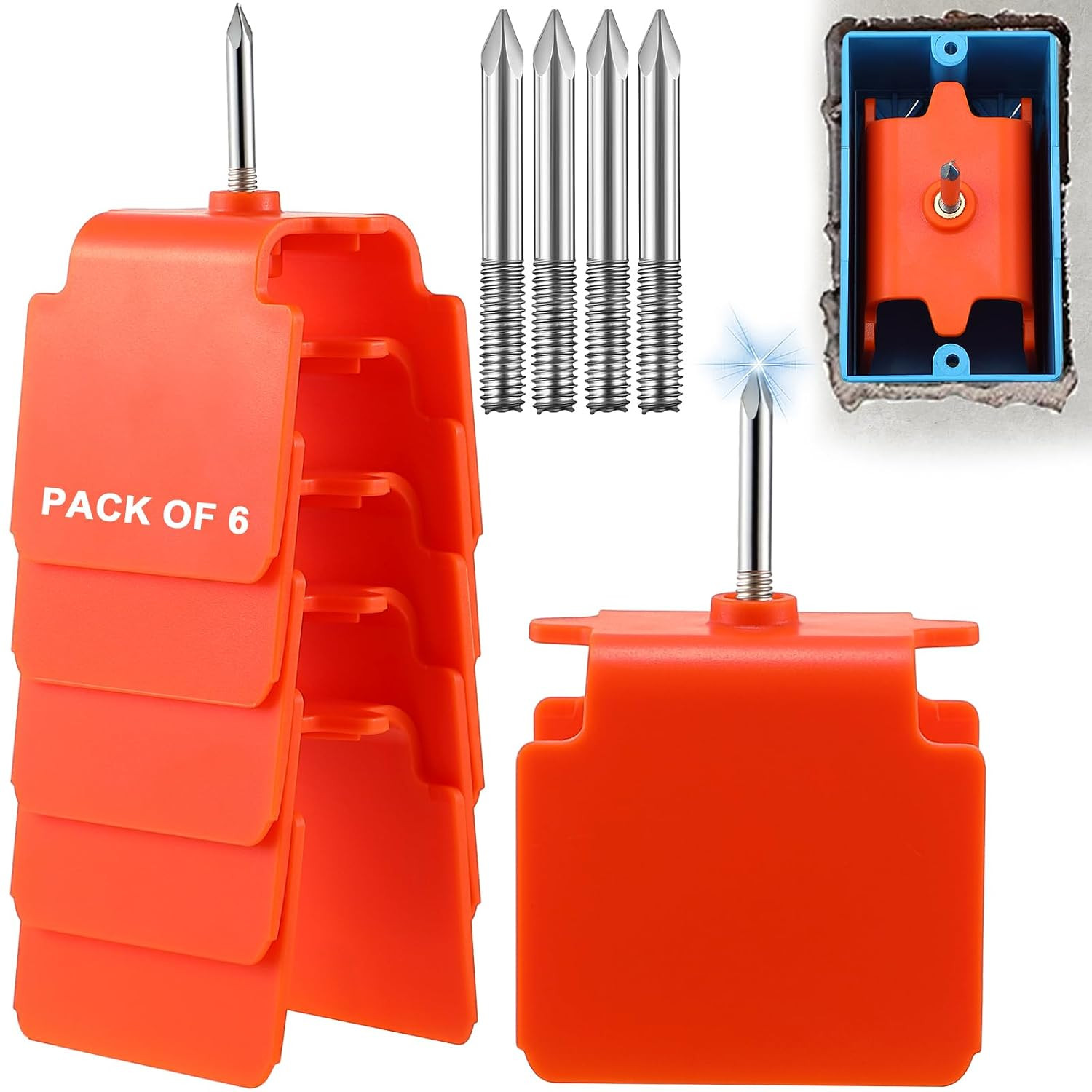 6 Pack Drywall Outlet Markers with Stainless Steel Tips, Orange | No-Measure Box
