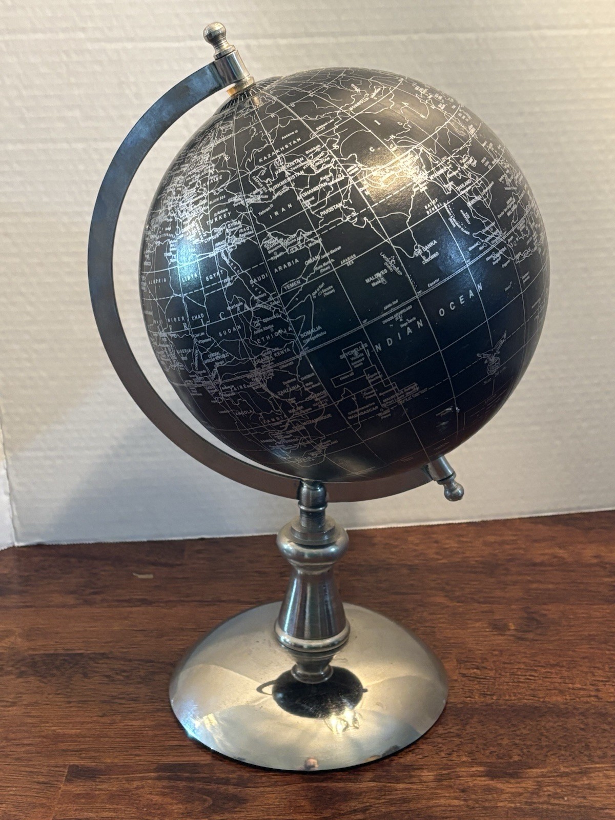 Black Version Globe World Map w/Chrome Metal Base. 13.5” Tall, 6" Dia. Base